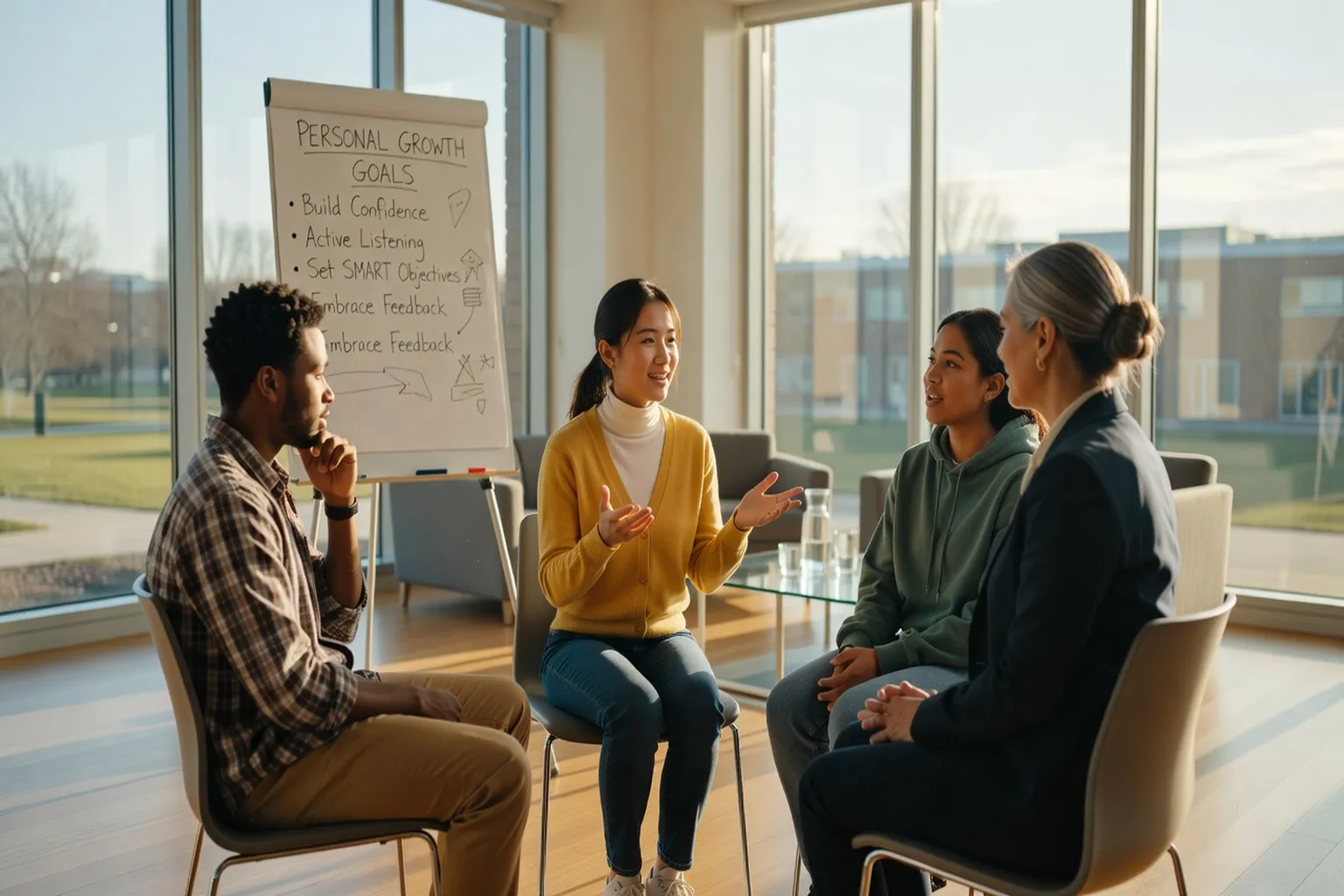 Atelier de développement personnel sur un campus, trois étudiants en cercle avec un animateur, tableau blanc avec notes visibles, ambiance collaborative