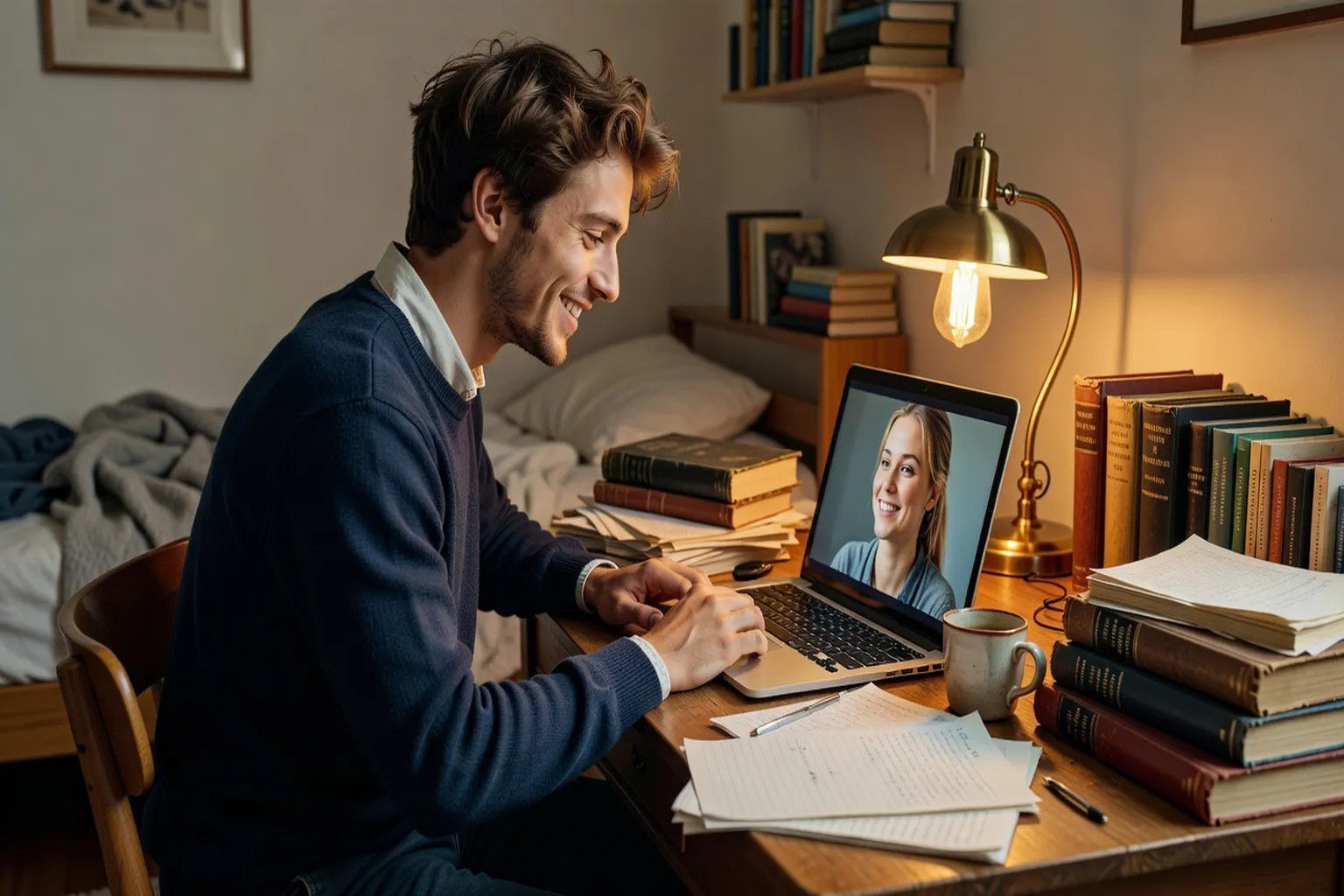 Étudiant en visioconférence souriante avec sa petite amie sur écran d’ordinateur, bureau avec livres, ambiance chaleureuse