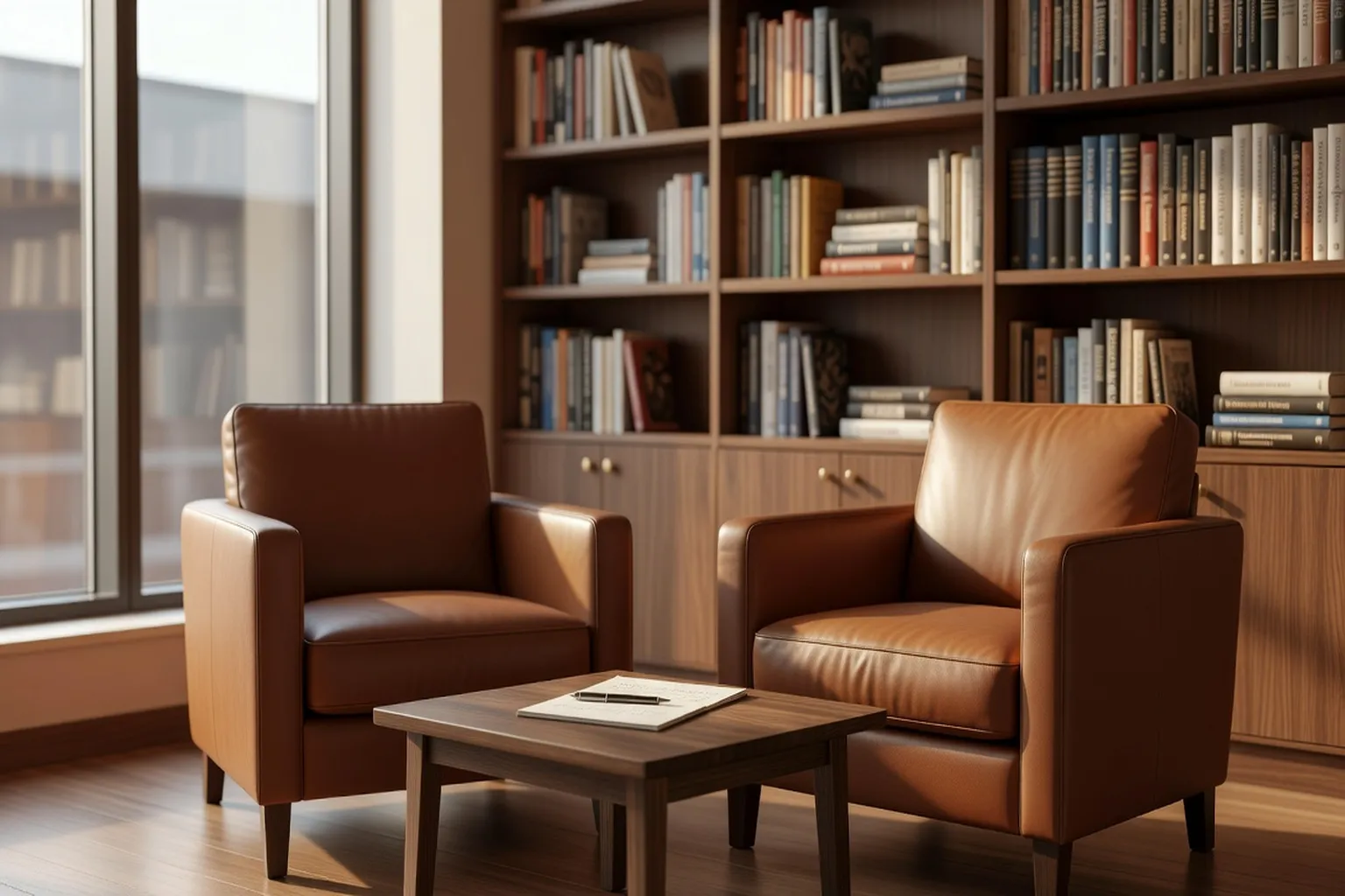 Cabinet de thérapie calme, deux fauteuils en cuir face à face, bureau chaleureux avec livres et lumière naturelle