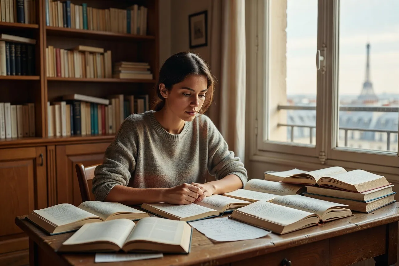 Étudiante assise devant des livres ouverts regardant par la fenêtre d’un air pensif