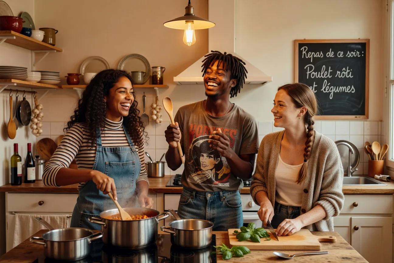 Étudiants en colocation dans un appartement partagé, cuisine commune, ambiance conviviale