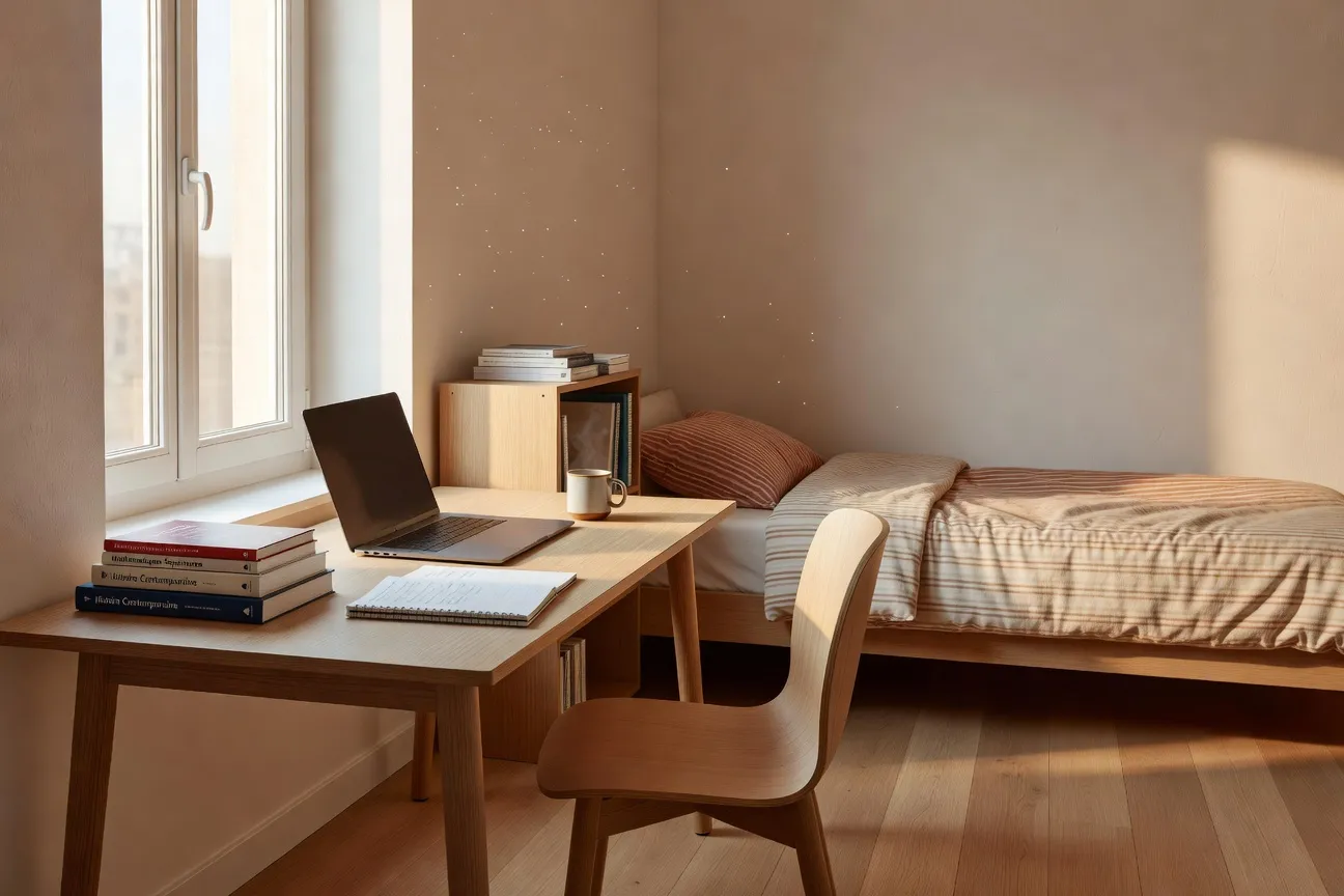 Chambre lumineuse d’une résidence étudiante moderne avec bureau et fenêtre