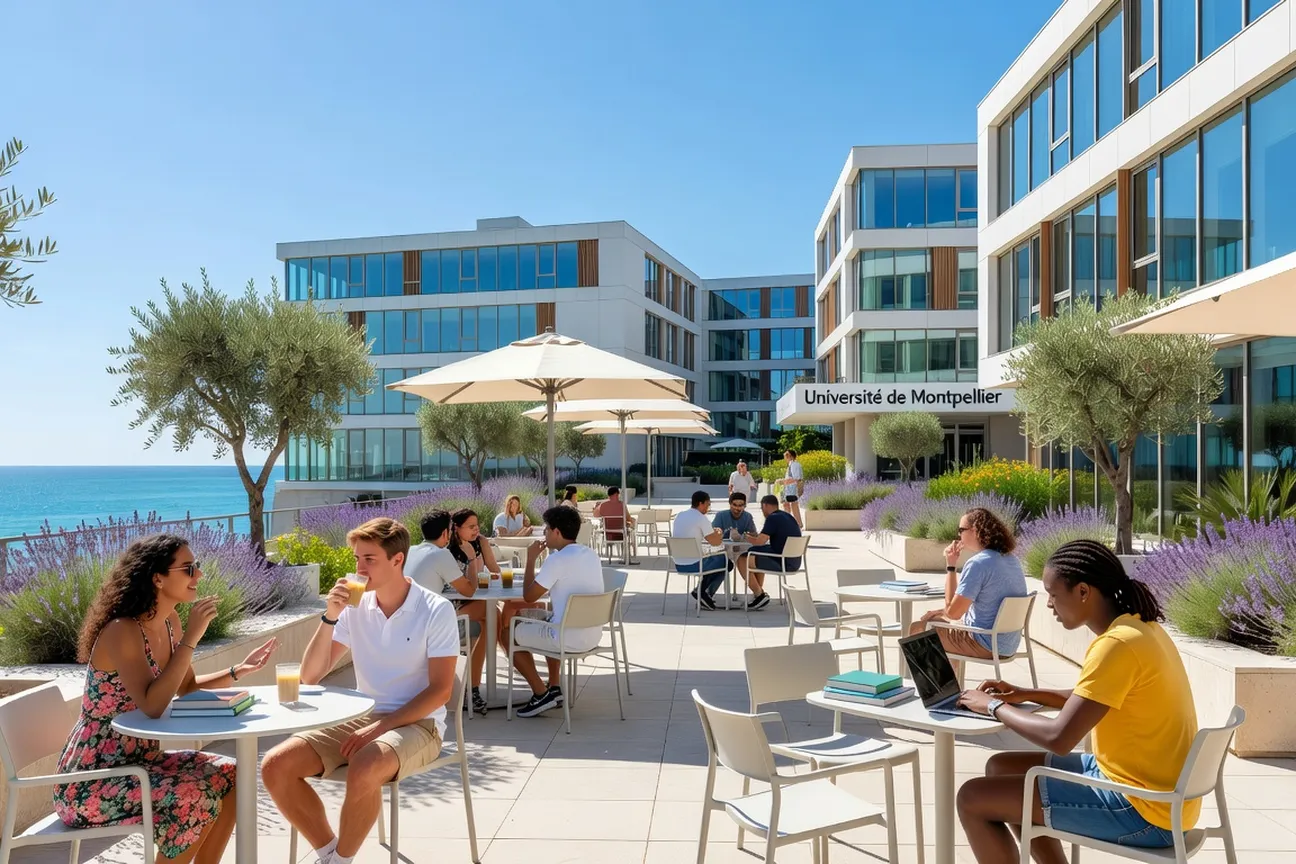 Campus de Montpellier ou Grenoble avec étudiants en extérieur, architecture méditerranéenne ou alpine