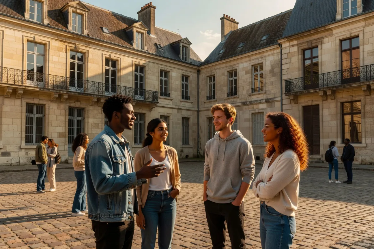 Groupe d’étudiants en discussion animée dans la cour d’une faculté