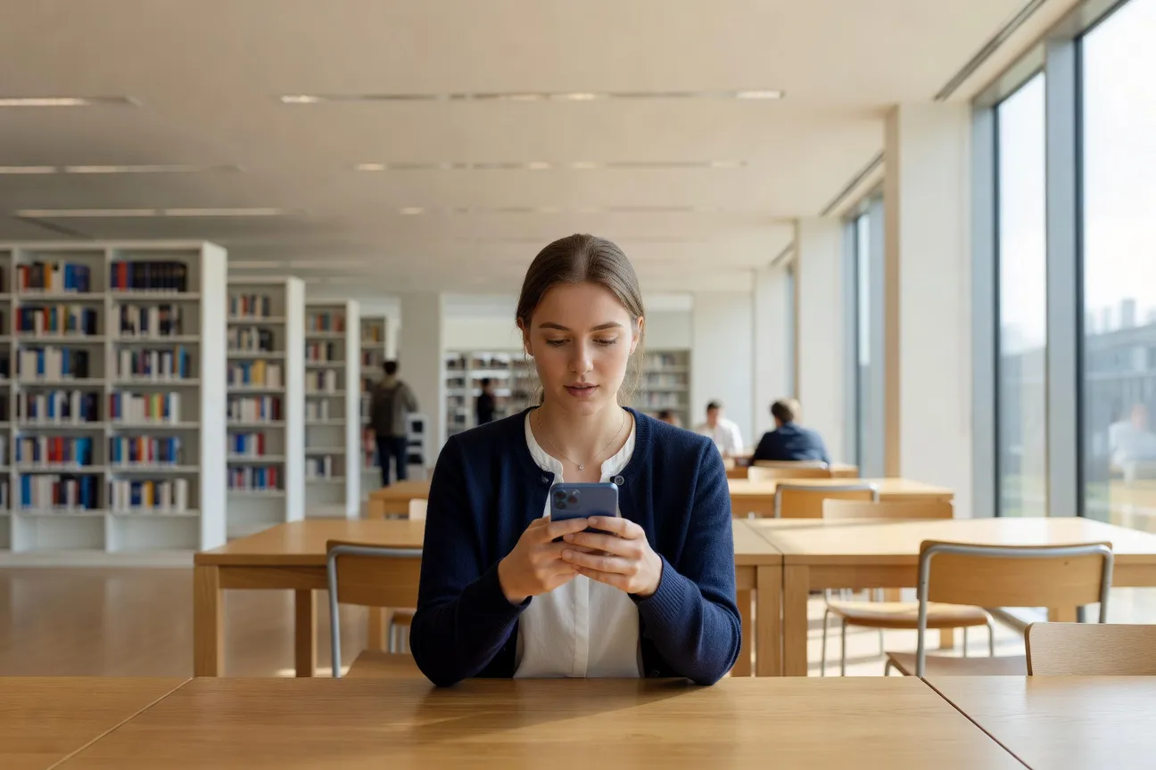Étudiante utilisant son téléphone dans une bibliothèque universitaire