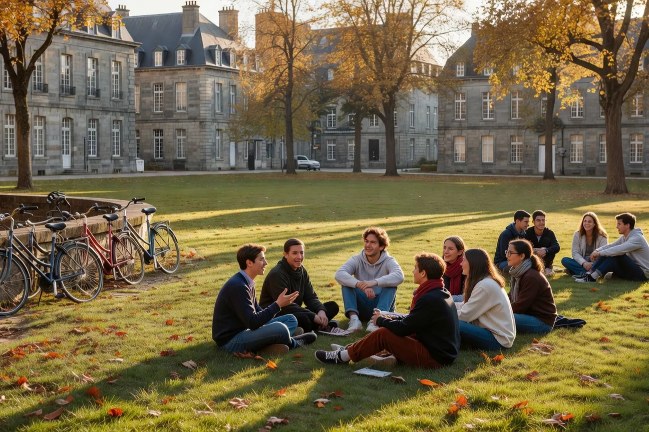 Étudiants dans une rue animée du centre de Rennes avec architecture bretonne et terrasses ensoleillées