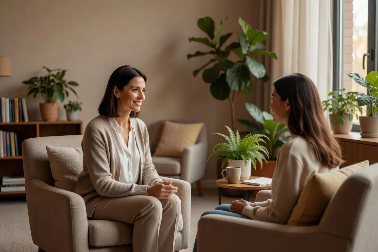 Psychologue en consultation avec une jeune adulte dans un cabinet chaleureux