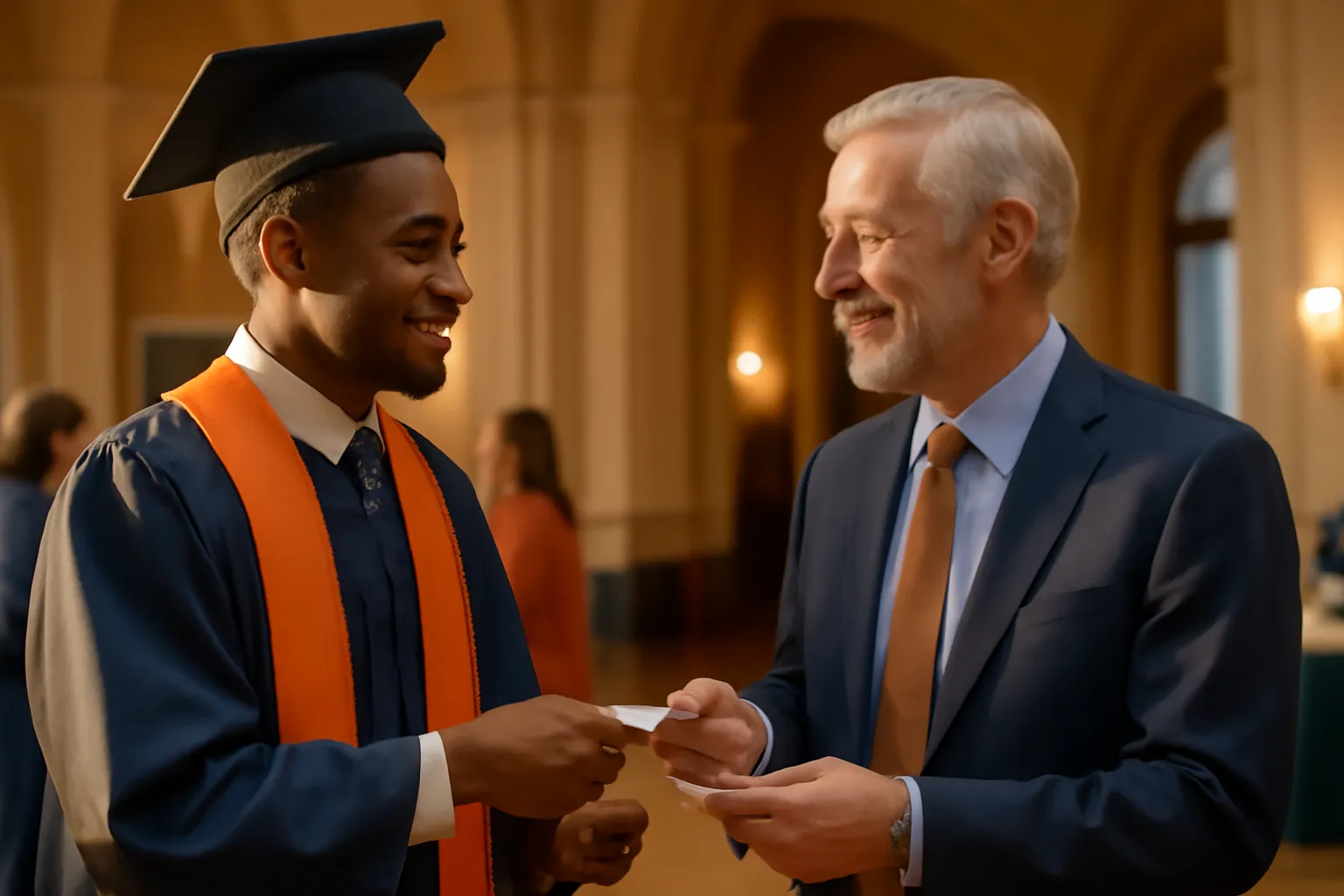 Étudiante et alumni échangeant chaleureusement lors d’un événement de mentorat sur un campus universitaire