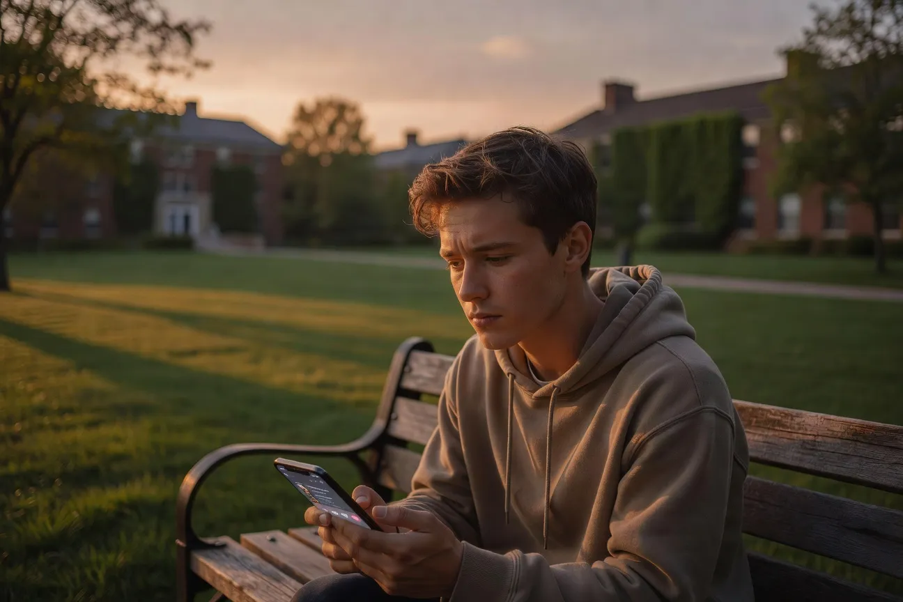 Jeune étudiant regardant son téléphone avec des expressions d’apps de rencontre floues, air pensif et fatigué