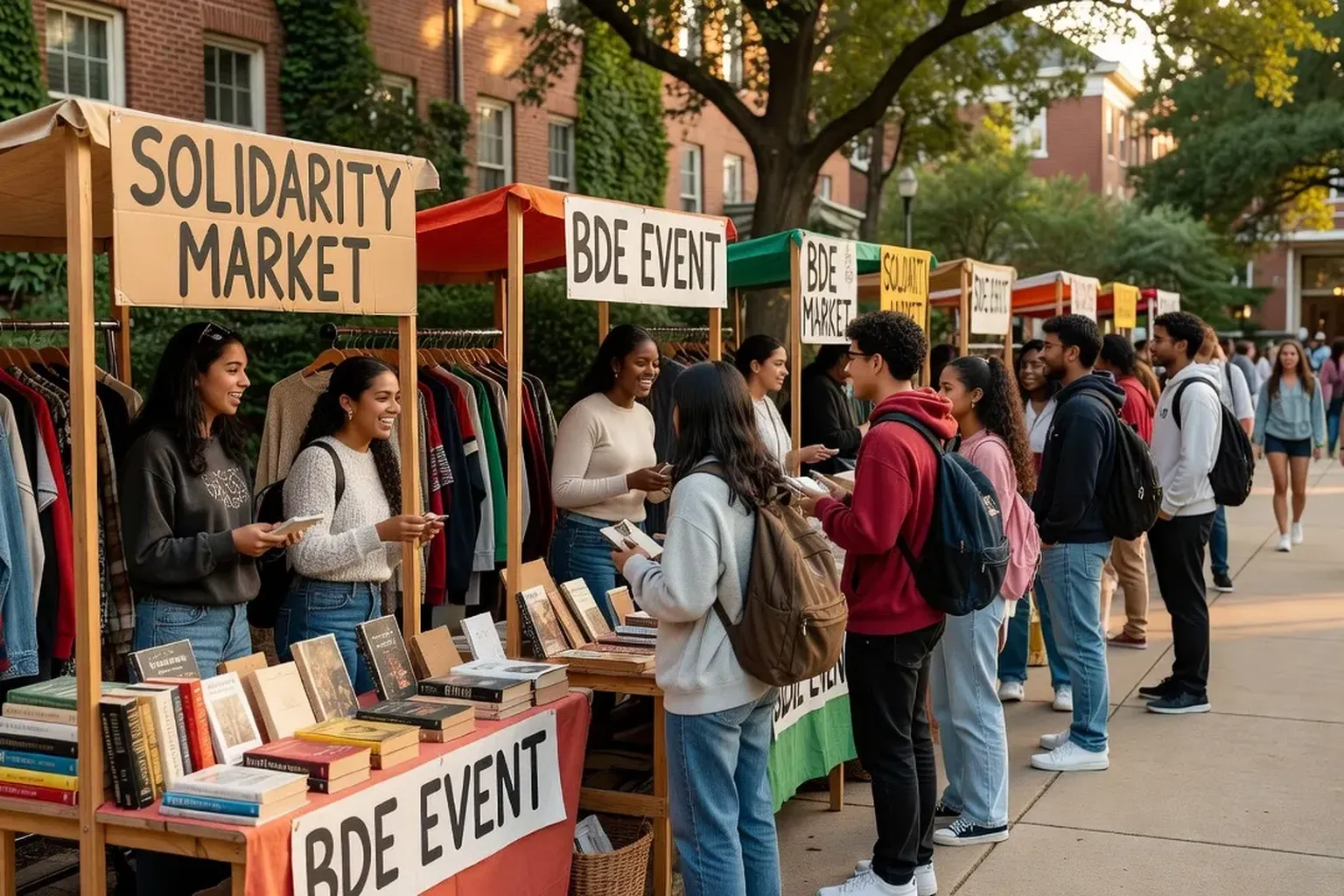 Étudiants participant à un marché ou événement de solidarité sur le campus, ambiance conviviale
