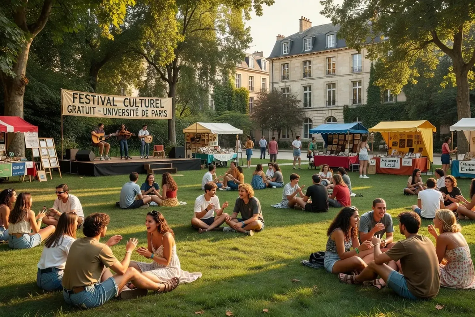 Étudiants participant à un événement culturel gratuit en plein air sur un campus universitaire