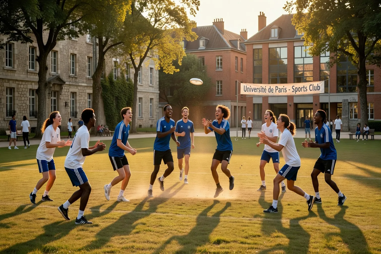 Étudiants pratiquant le sport en groupe sur un campus universitaire