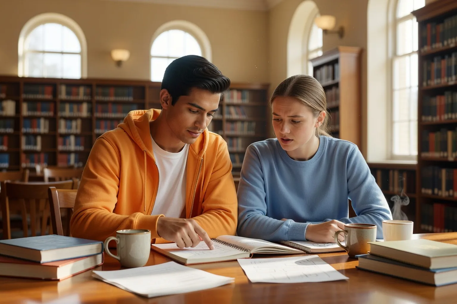 Étudiant majeur expliquant un exercice à un autre étudiant sur une table de bibliothèque, ambiance studieuse et chaleureuse