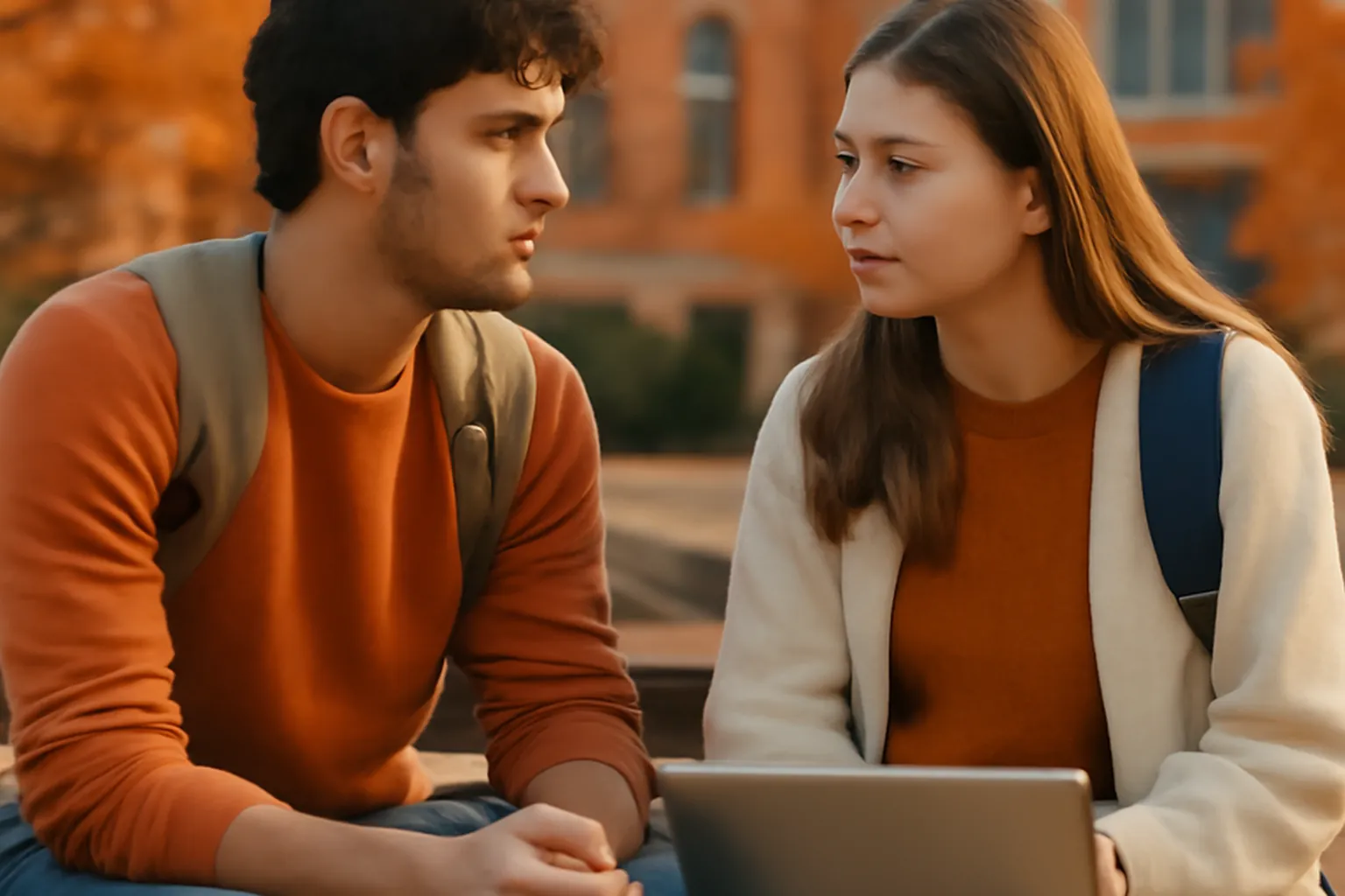 Deux étudiants majeurs assis sur un banc de parc près d'un campus, en pleine conversation sérieuse et bienveillante