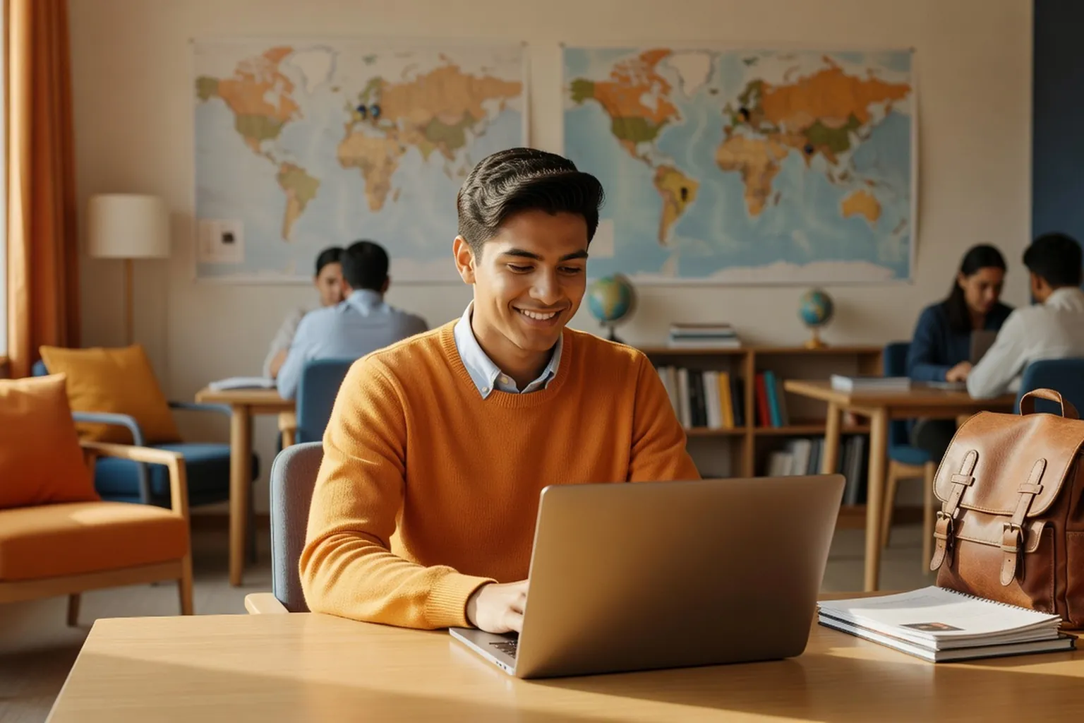 Étudiant majeur souriant en appel vidéo sur ordinateur portable dans un espace de vie moderne à l'étranger