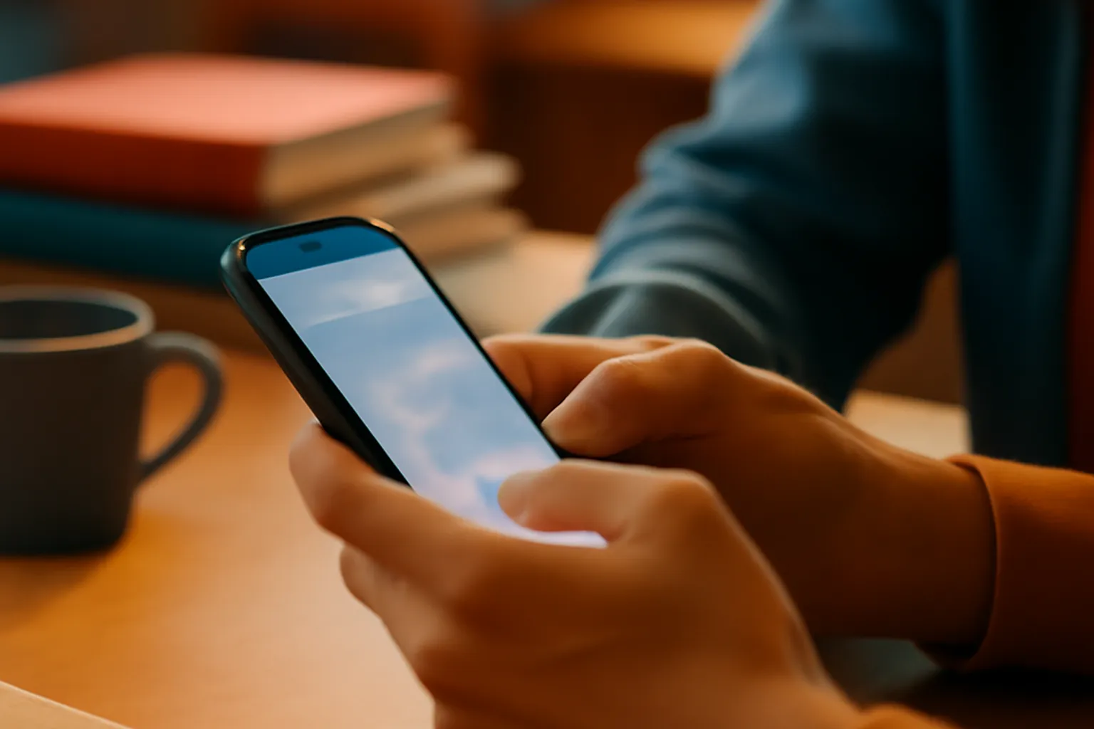 Mains d'étudiant majeur tapant un message sur smartphone, bureau avec livres et tasse de café en arrière-plan flou