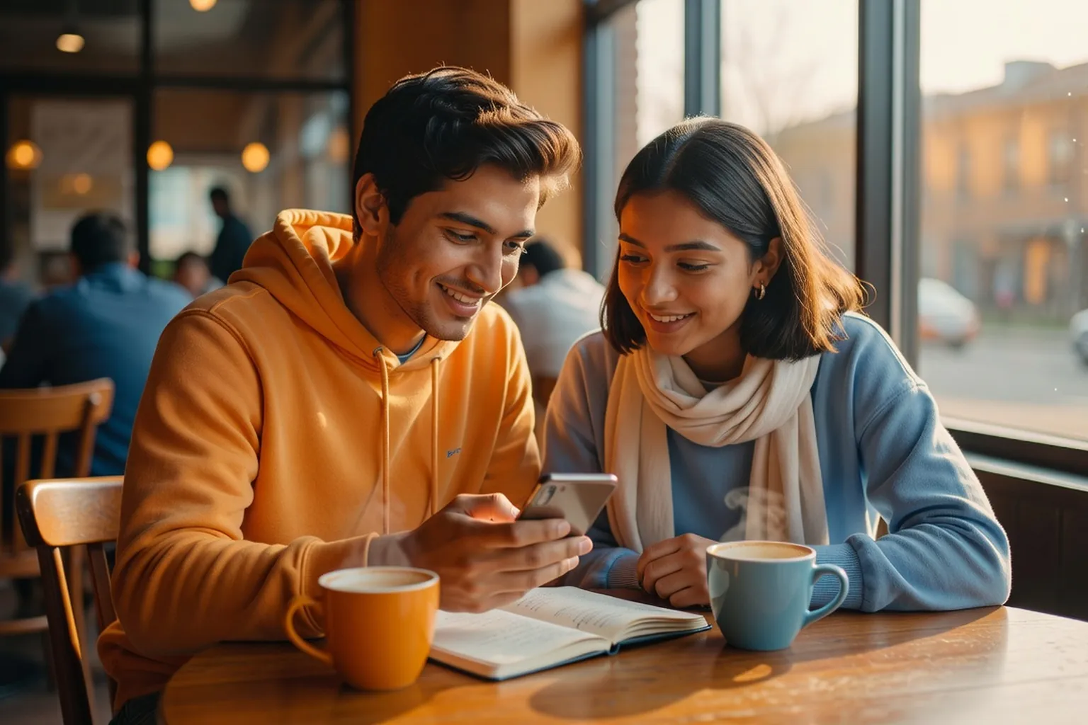 Étudiant majeur discutant avec un ami autour d'un café, partageant quelque chose sur l'écran d'un téléphone, ambiance chaleureuse