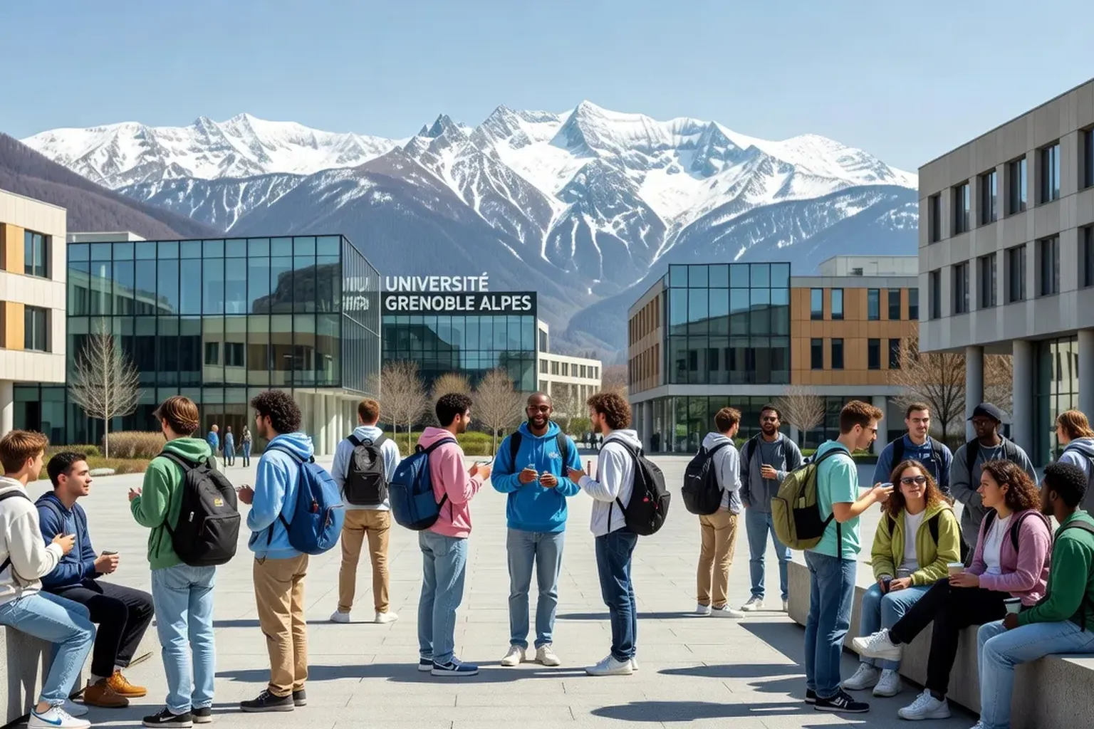 Étudiants sur le campus de l’Université Grenoble Alpes avec les montagnes en arrière-plan