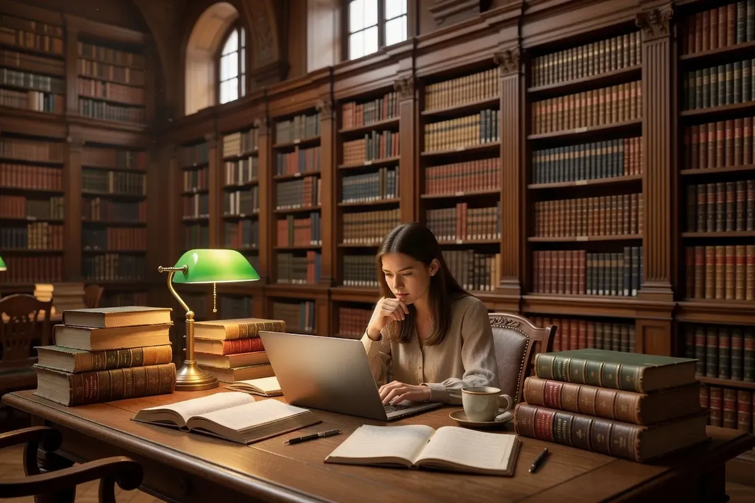 Étudiant en bibliothèque universitaire française, entouré de livres et d’un ordinateur portable
