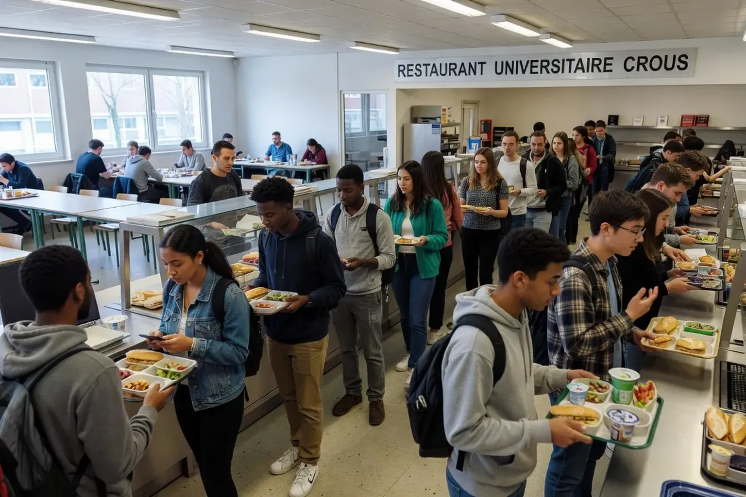 File d’attente au restaurant universitaire (CROUS), étudiants avec plateaux-repas, ambiance campus