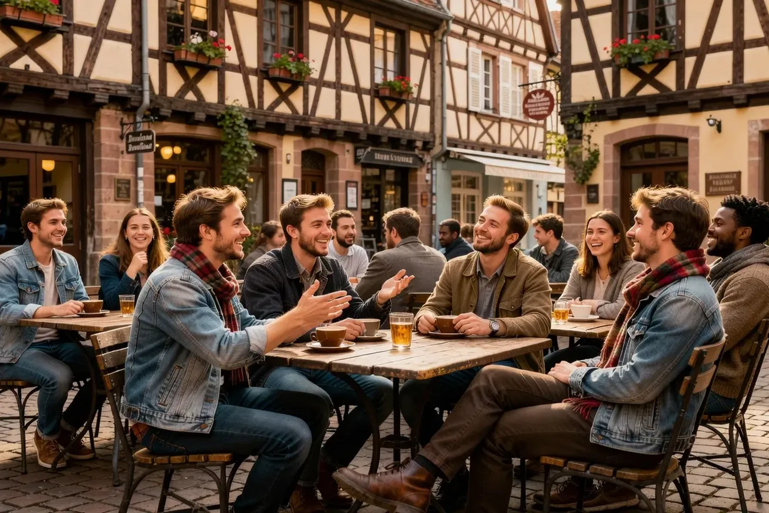 Étudiants attablés à une terrasse de café dans les rues du quartier Krutenau à Strasbourg