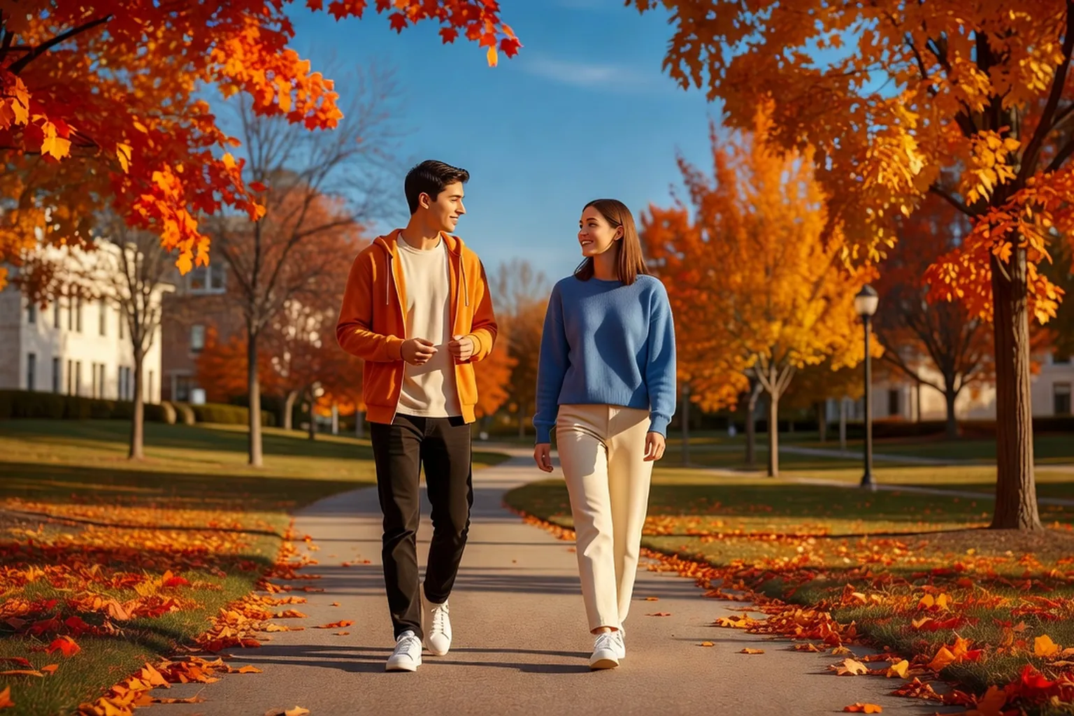 Deux étudiants majeurs marchant ensemble dans un parc public ensoleillé, conversation décontractée, feuilles d'automne