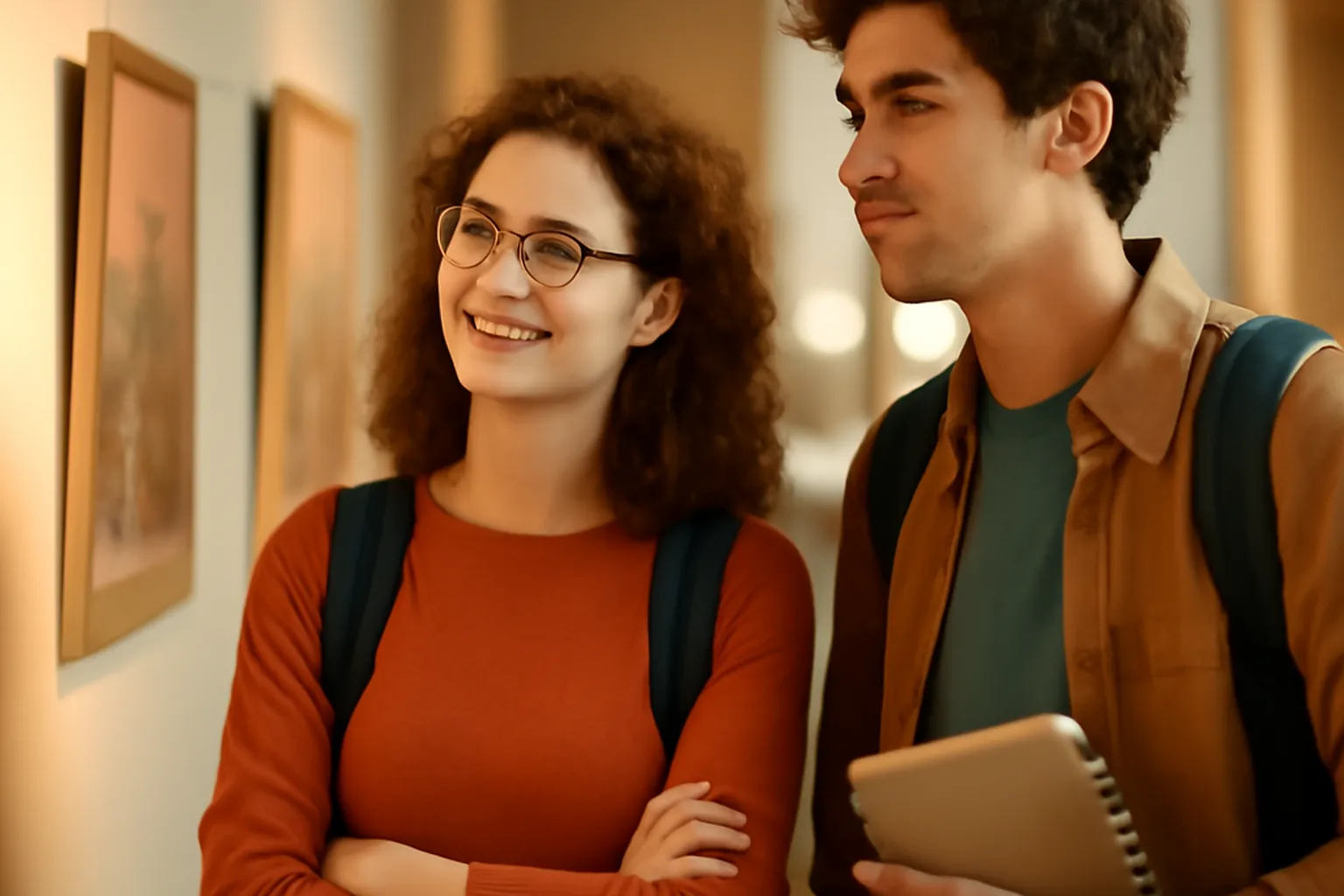 Deux étudiants majeurs regardant ensemble une exposition dans une petite galerie d'art, expressions curieuses et engagées