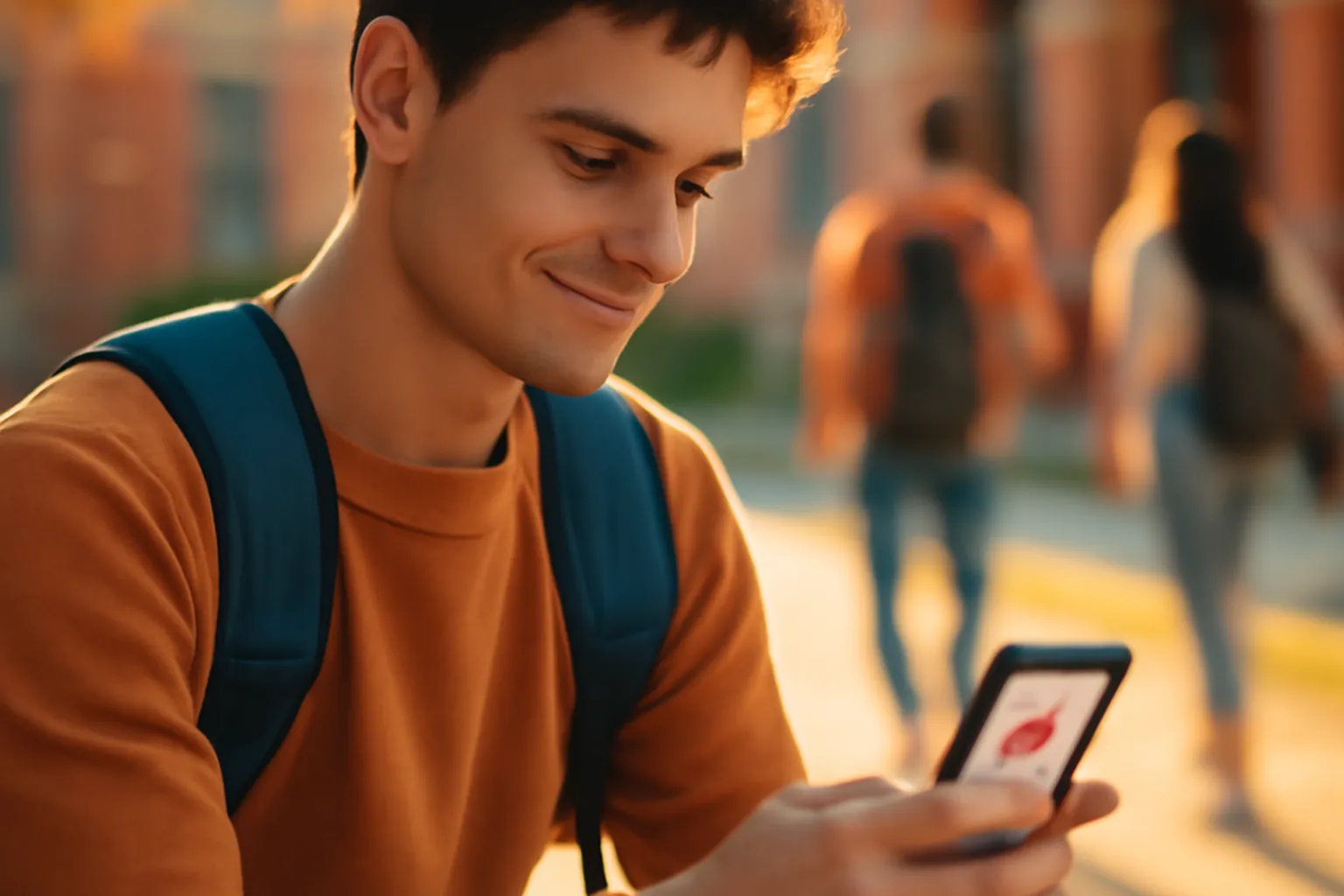 Étudiant majeur assis sur un banc de campus consultant une application de rencontre sur son smartphone