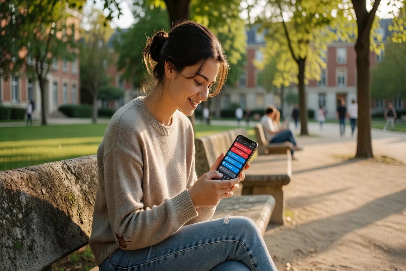 Téléphone avec interface réseaux sociaux et notifications étudiants campus