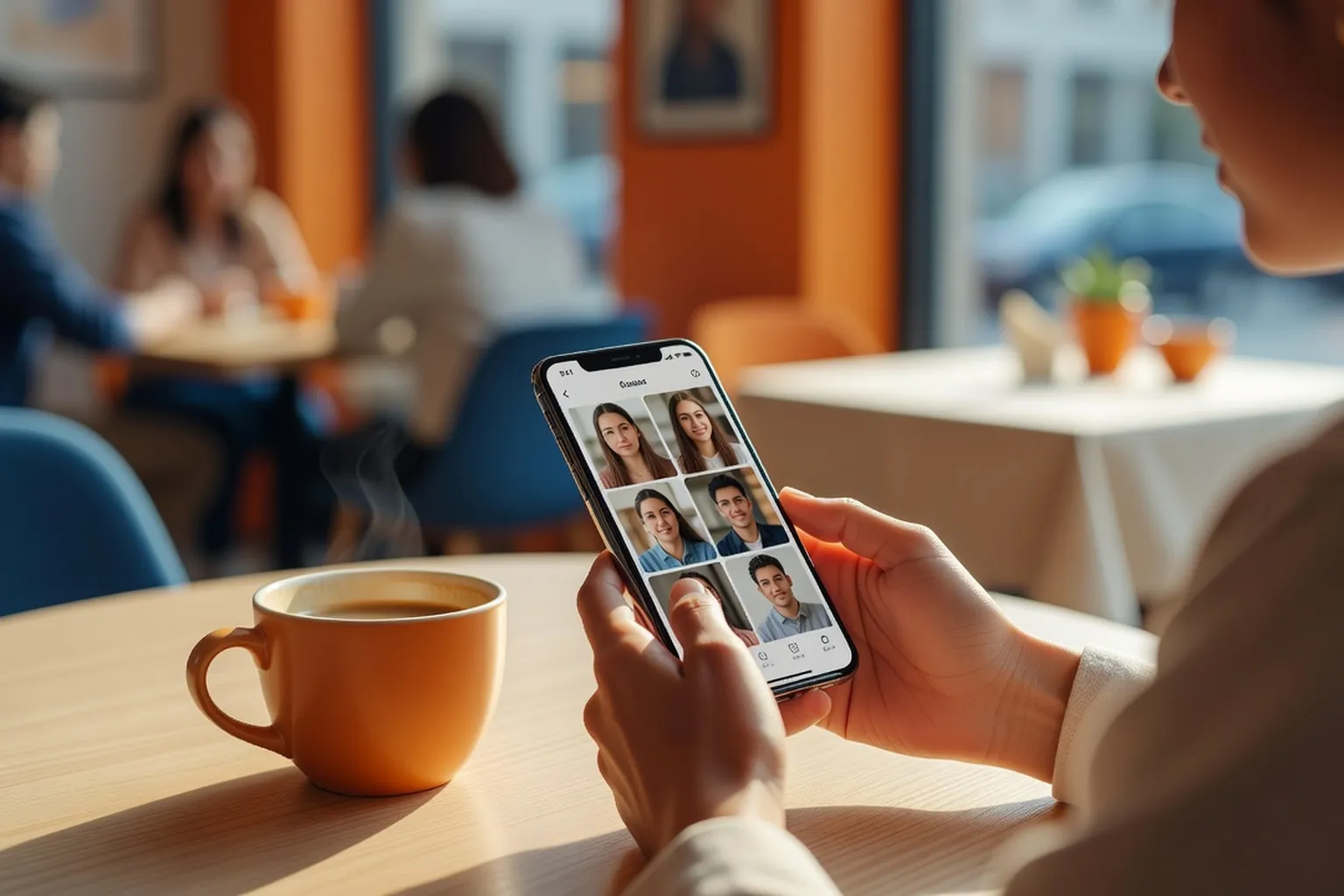 Vue rapprochée de mains d'étudiant majeur tenant un smartphone affichant un profil de rencontre, table de café en arrière-plan