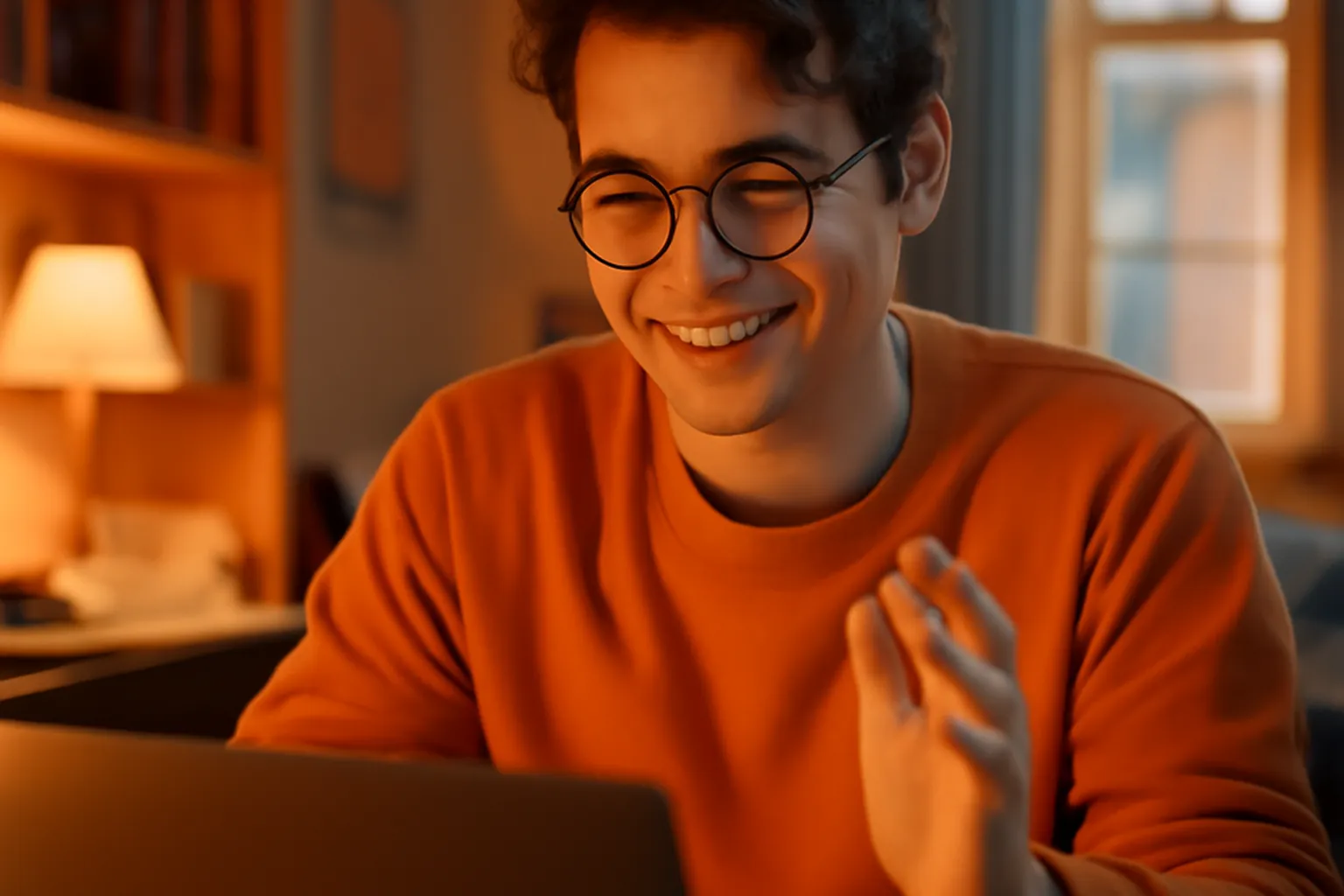Étudiant majeur souriant en appel vidéo sur ordinateur portable dans une chambre étudiante confortable en soirée