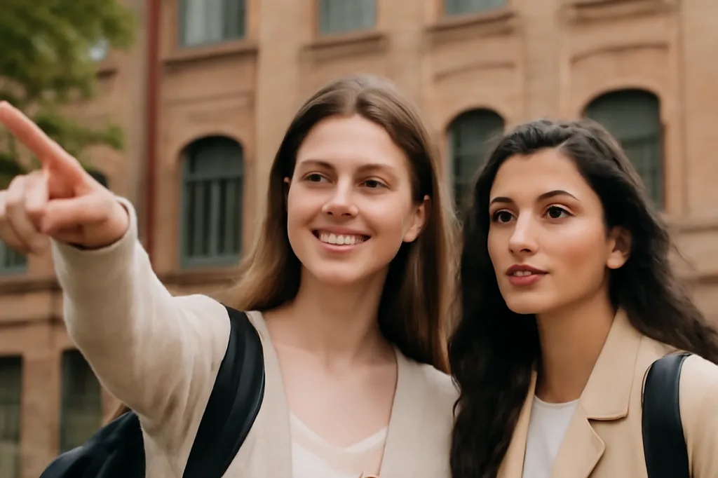 Une étudiante guidant une nouvelle arrivante internationale à travers le campus universitaire