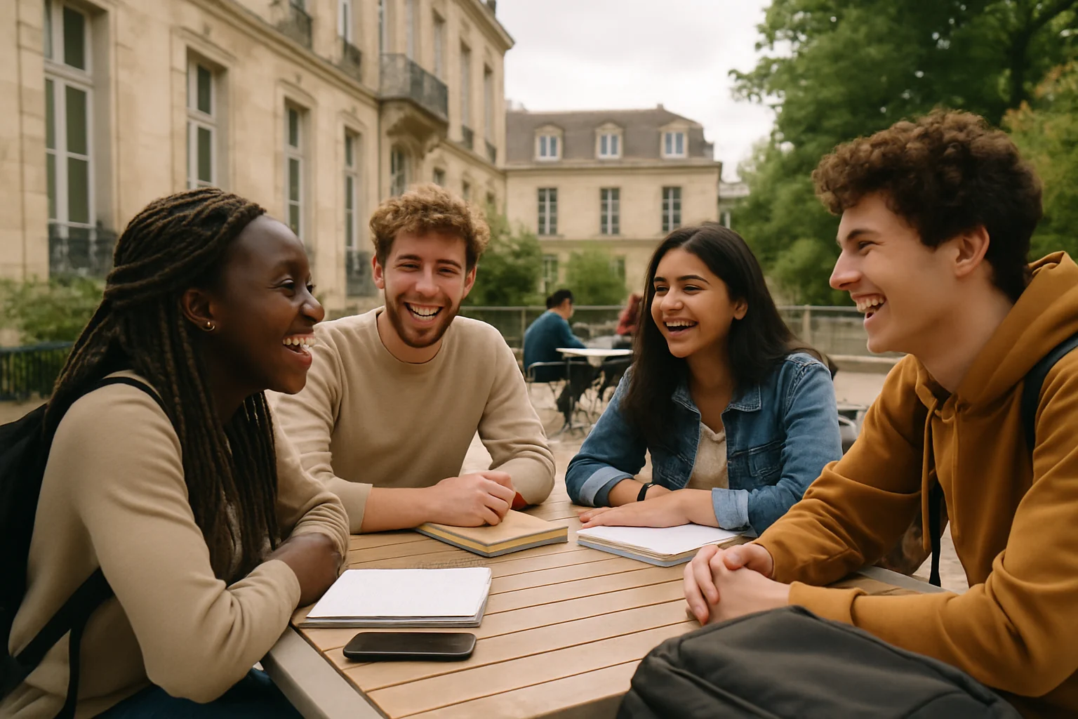 Groupe d'étudiants discutant et riant autour d'une table à l'extérieur d'un bâtiment universitaire