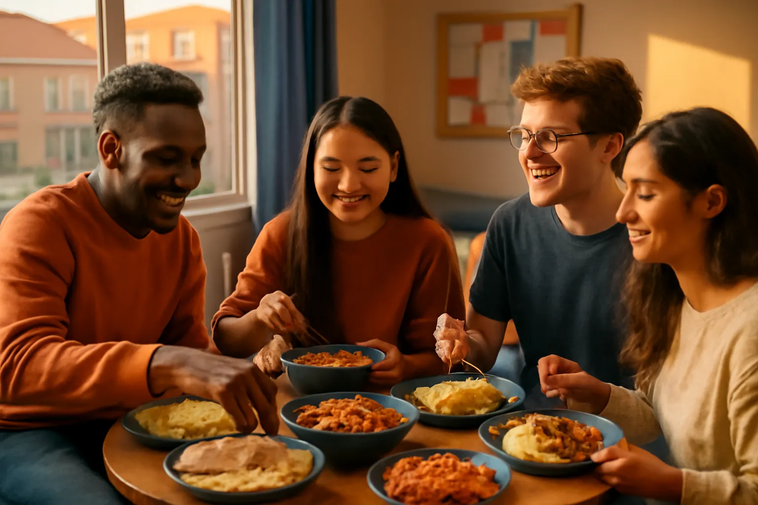 Colocataires internationaux qui cuisinent ensemble et partagent un repas multiculturel dans leur cuisine commune