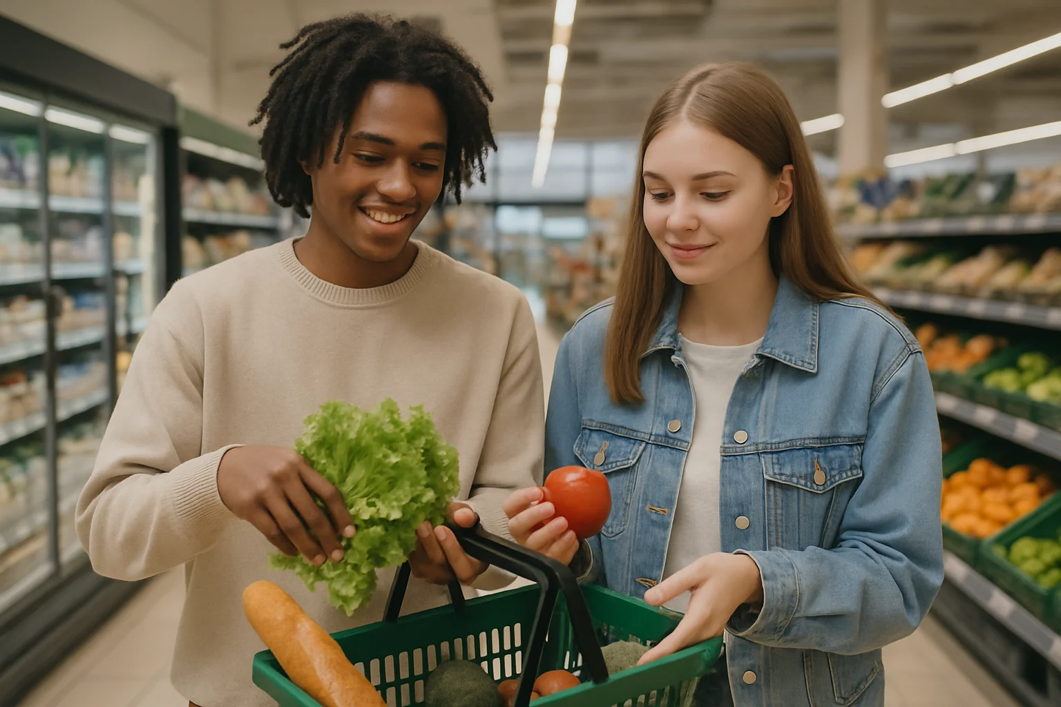 Deux étudiants faisant leurs courses ensemble dans un supermarché avec un panier partagé
