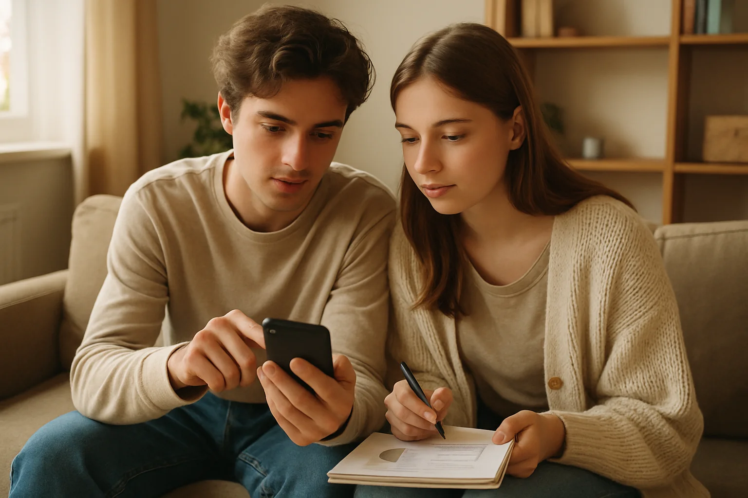 Jeune couple étudiant vérifiant son budget ensemble sur un smartphone assis sur un canapé