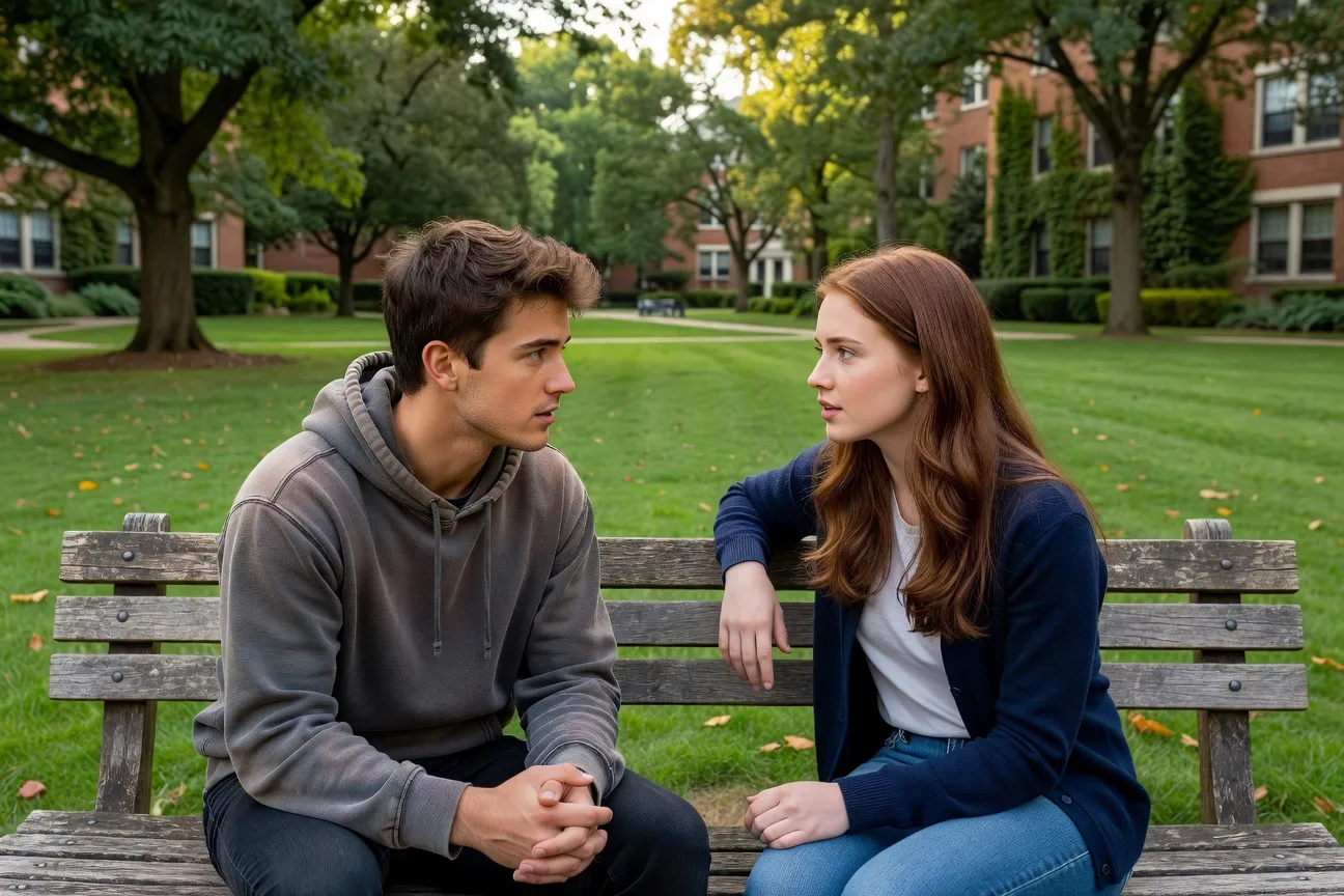 Couple d’étudiants en discussion sérieuse sur un banc de campus, attitude ouverte et attentive