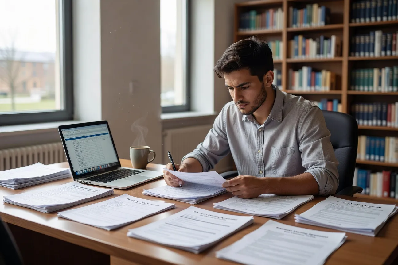 Étudiants devant un tableau de bord avec documents administratifs Erasmus, convention d’études en gros plan