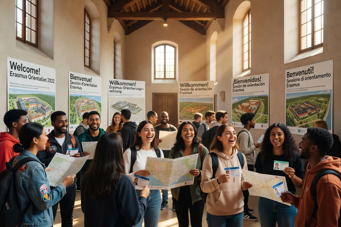 Groupe de jeunes Erasmus en orientation dans une université européenne, panneaux multilingues en arrière-plan