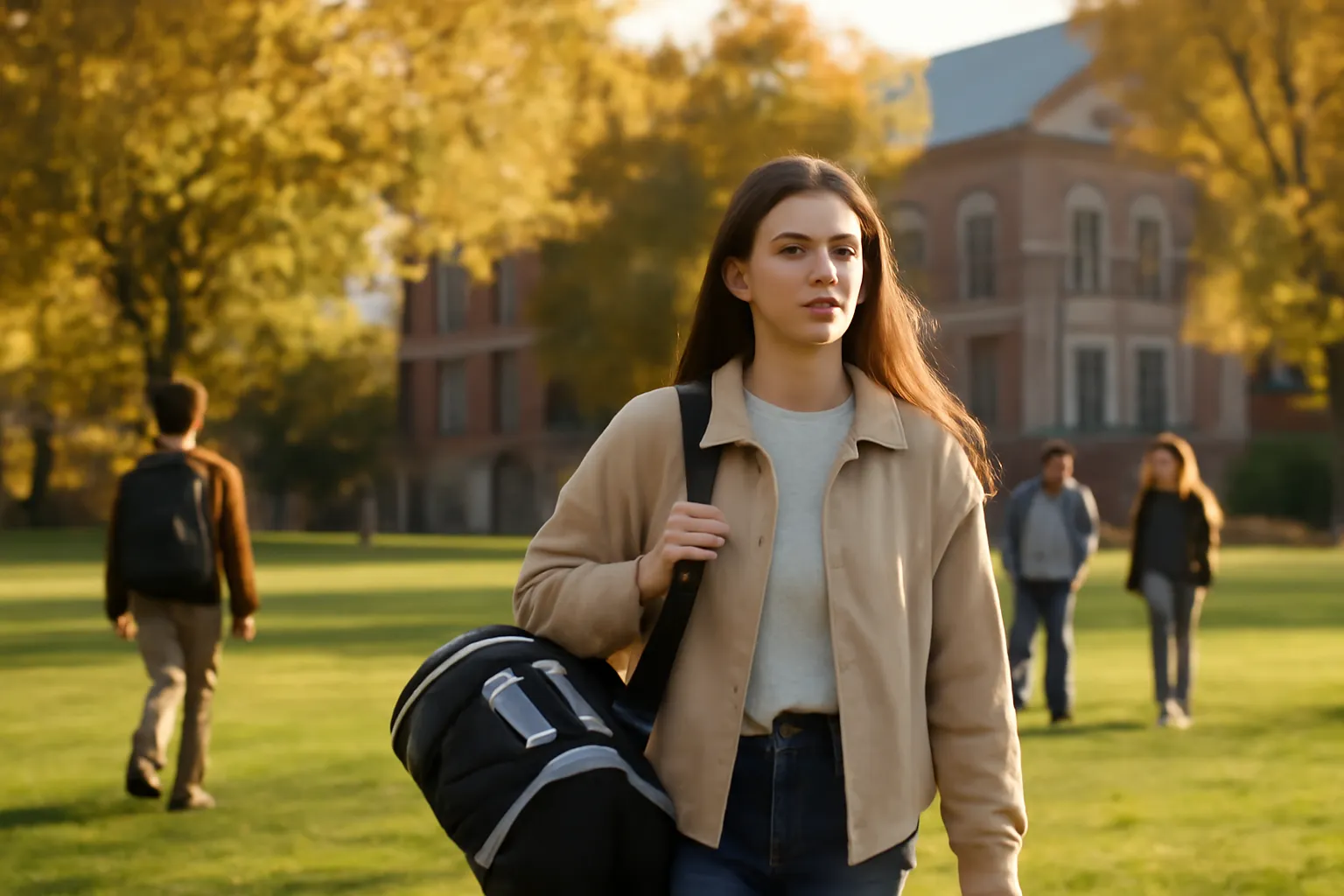 Une jeune femme adulte étudiante marche sur un campus avec un sac de cours et une tenue de sport.