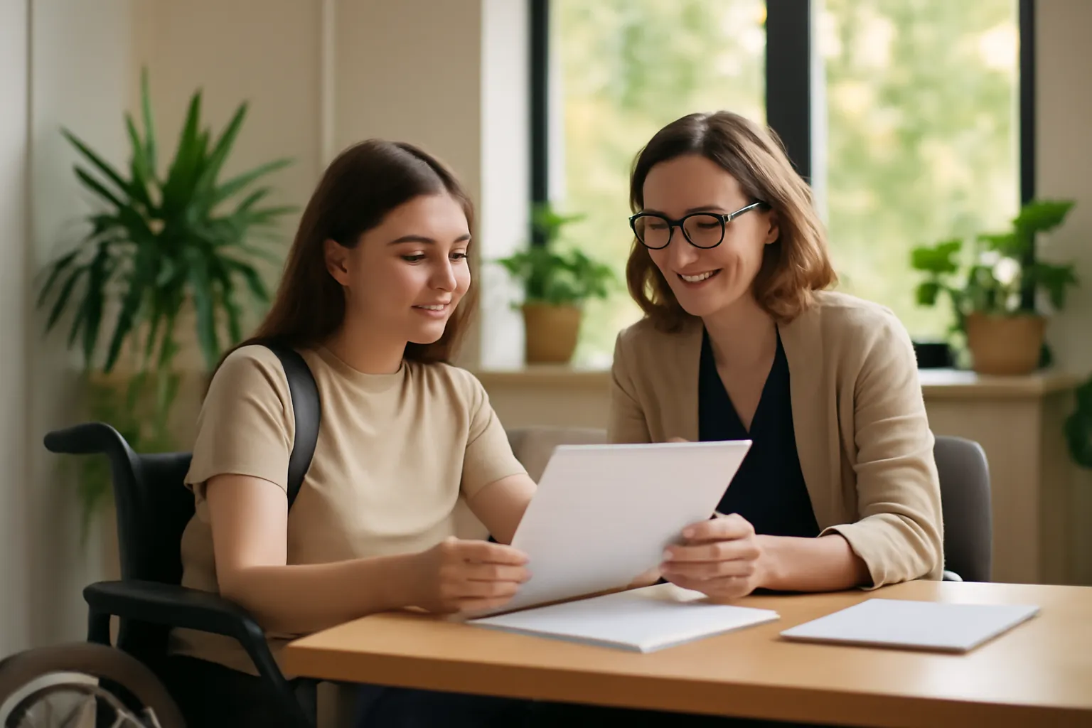 Une jeune femme adulte étudiante consulte un document avec une personne de la mission handicap dans un bureau de campus