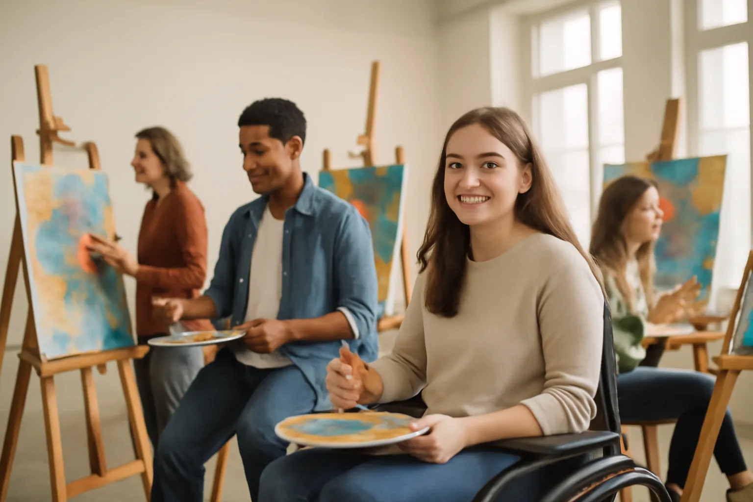 Une jeune femme adulte étudiante participe à une activité artistique avec d'autres étudiants dans une salle universitaire