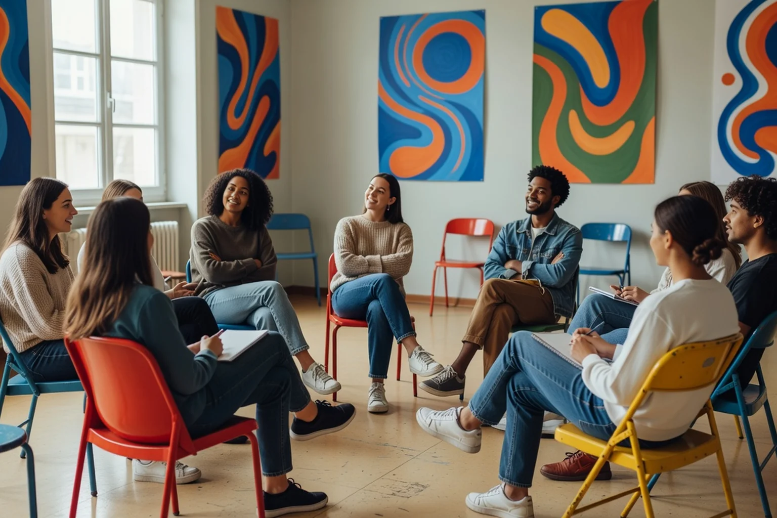 Étudiants installés en cercle dans une salle associative du campus lors d'une réunion d'association LGBT étudiante, ambiance détendue
