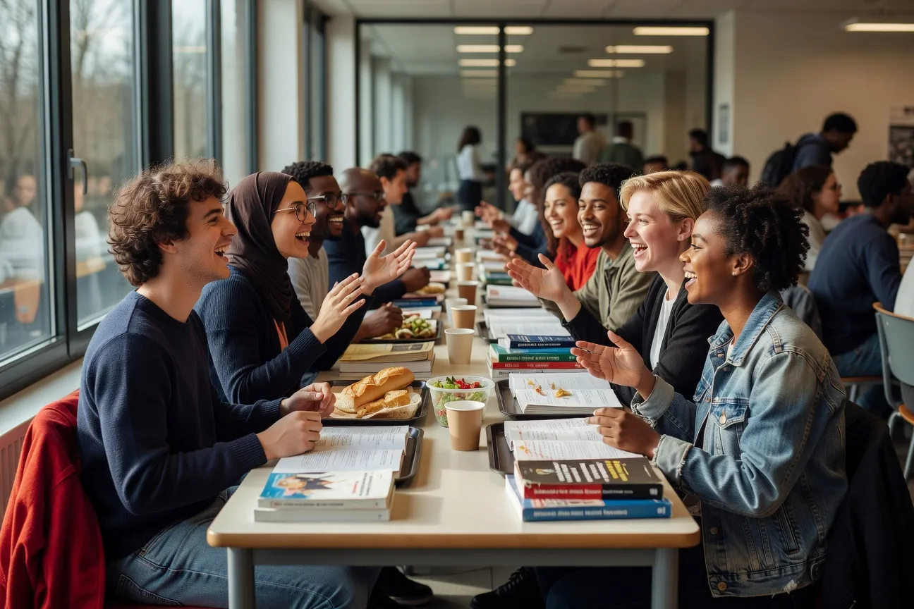 Étudiants autour d’une table de cafétéria universitaire, conversation animée, premier semestre