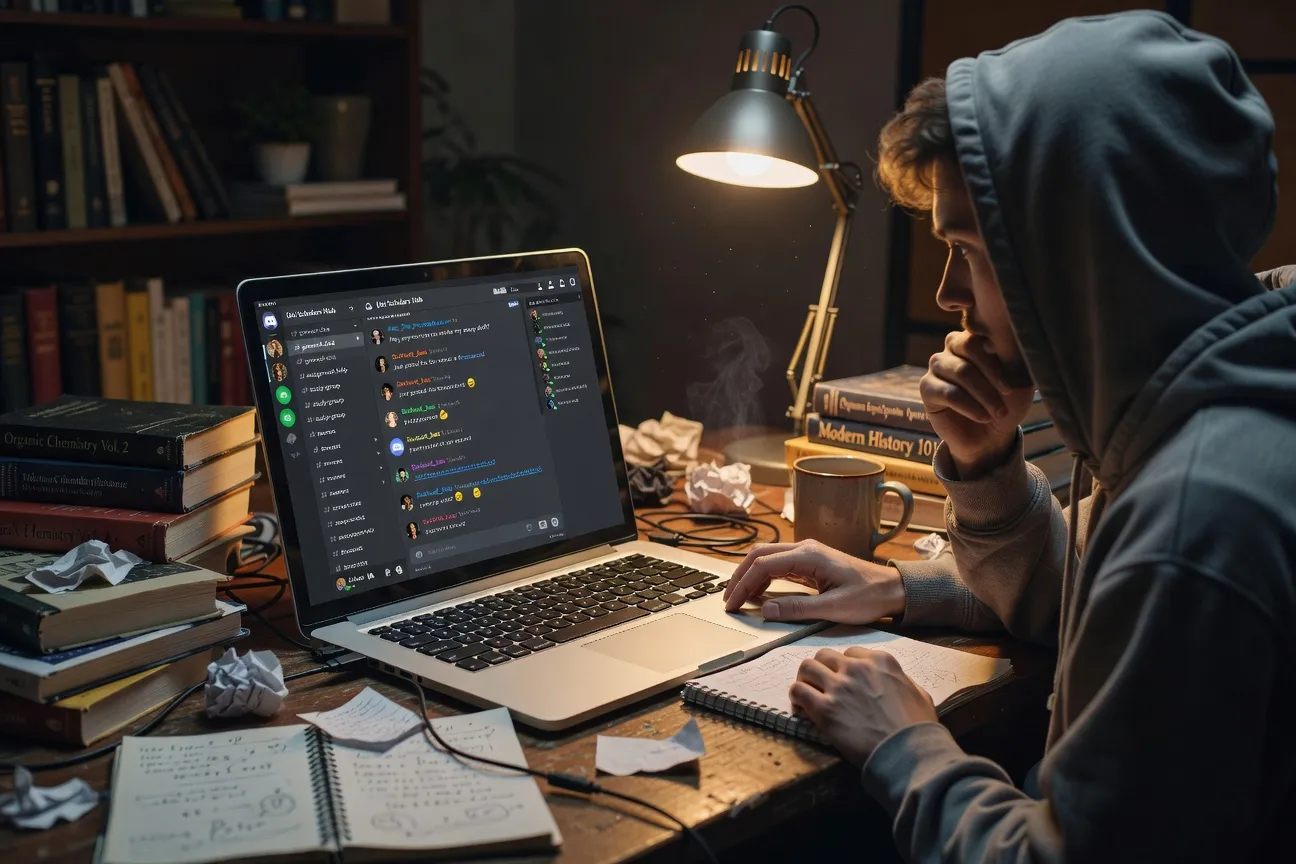 Écran d’ordinateur montrant un serveur Discord étudiant avec des canaux de discussion animés