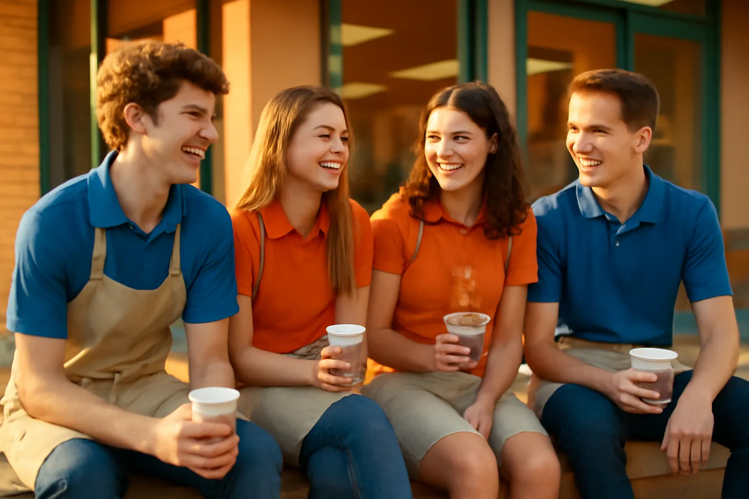 Groupe d’étudiants et jeunes collègues échangeant leurs contacts après un service, ambiance conviviale
