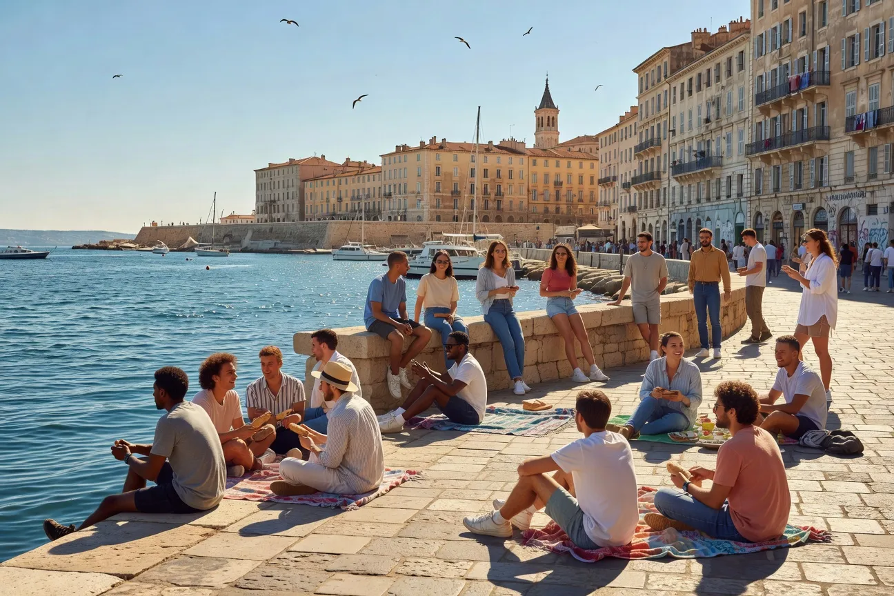 Étudiants sur le Vieux-Port de Marseille un après-midi de printemps, ambiance méditerranéenne détendue