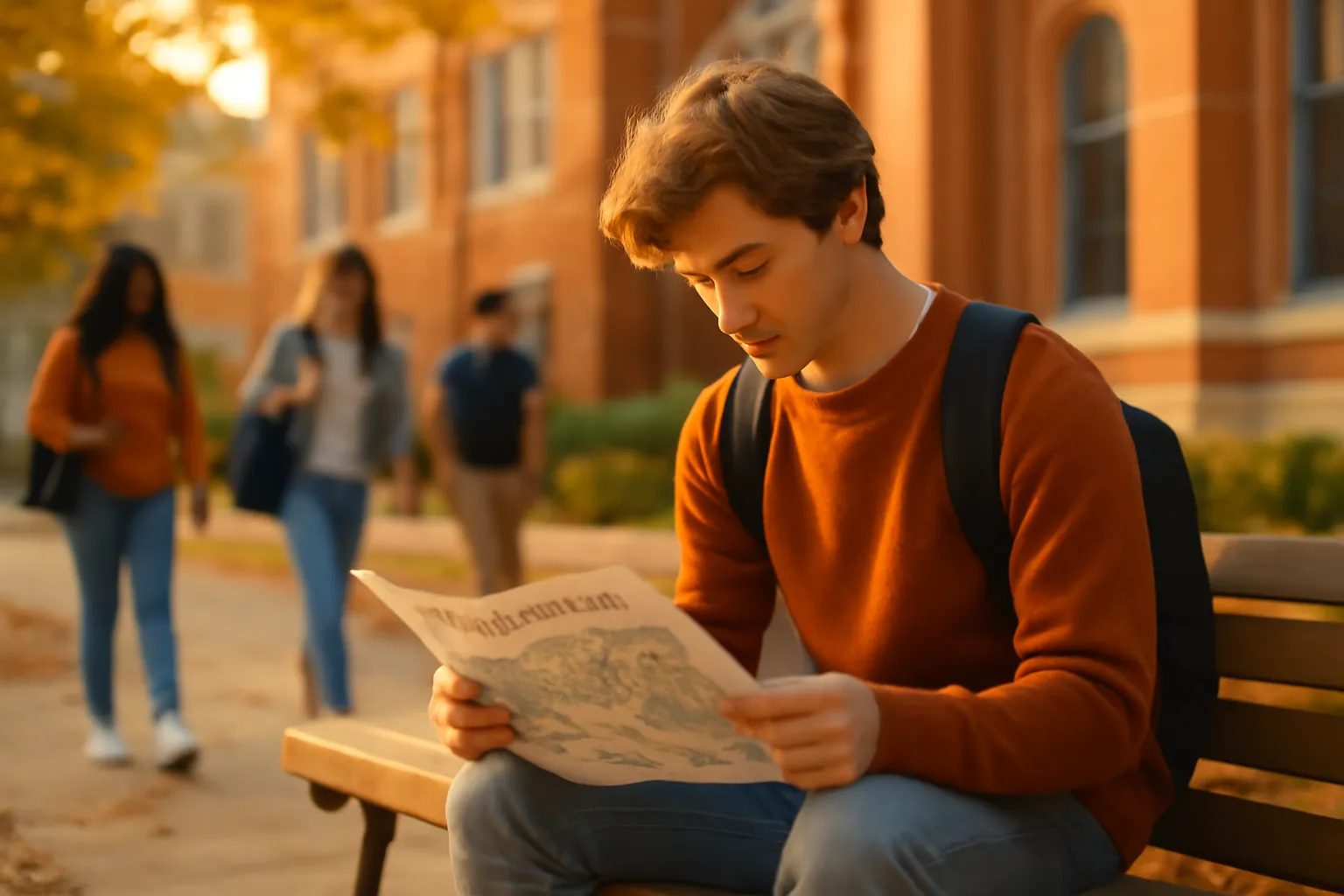 Groupe d’étudiants qui échangent en petit comité pendant une pause entre deux cours à la rentrée
