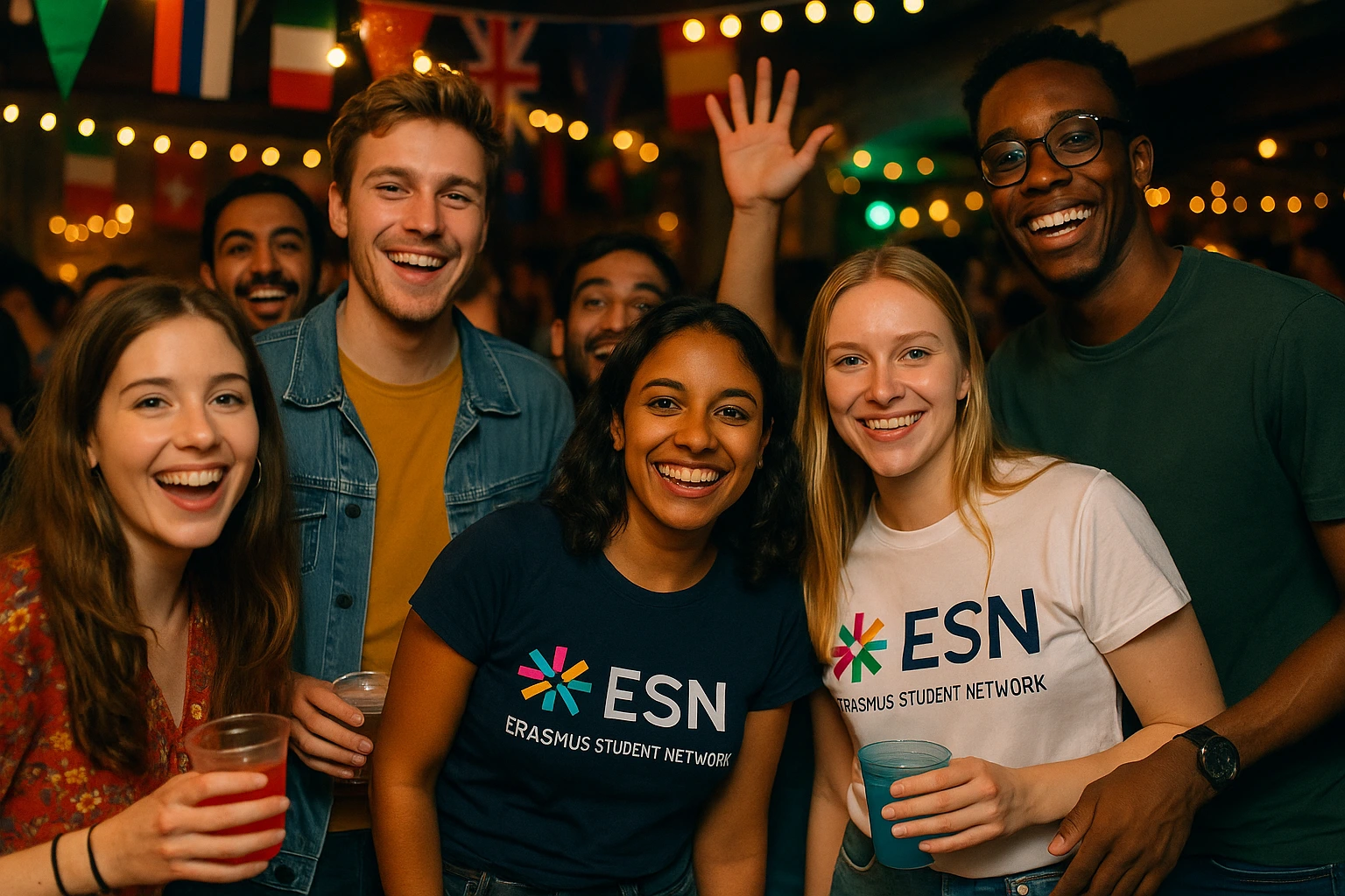 Groupe d'étudiants Erasmus lors d'une soirée d'accueil ESN