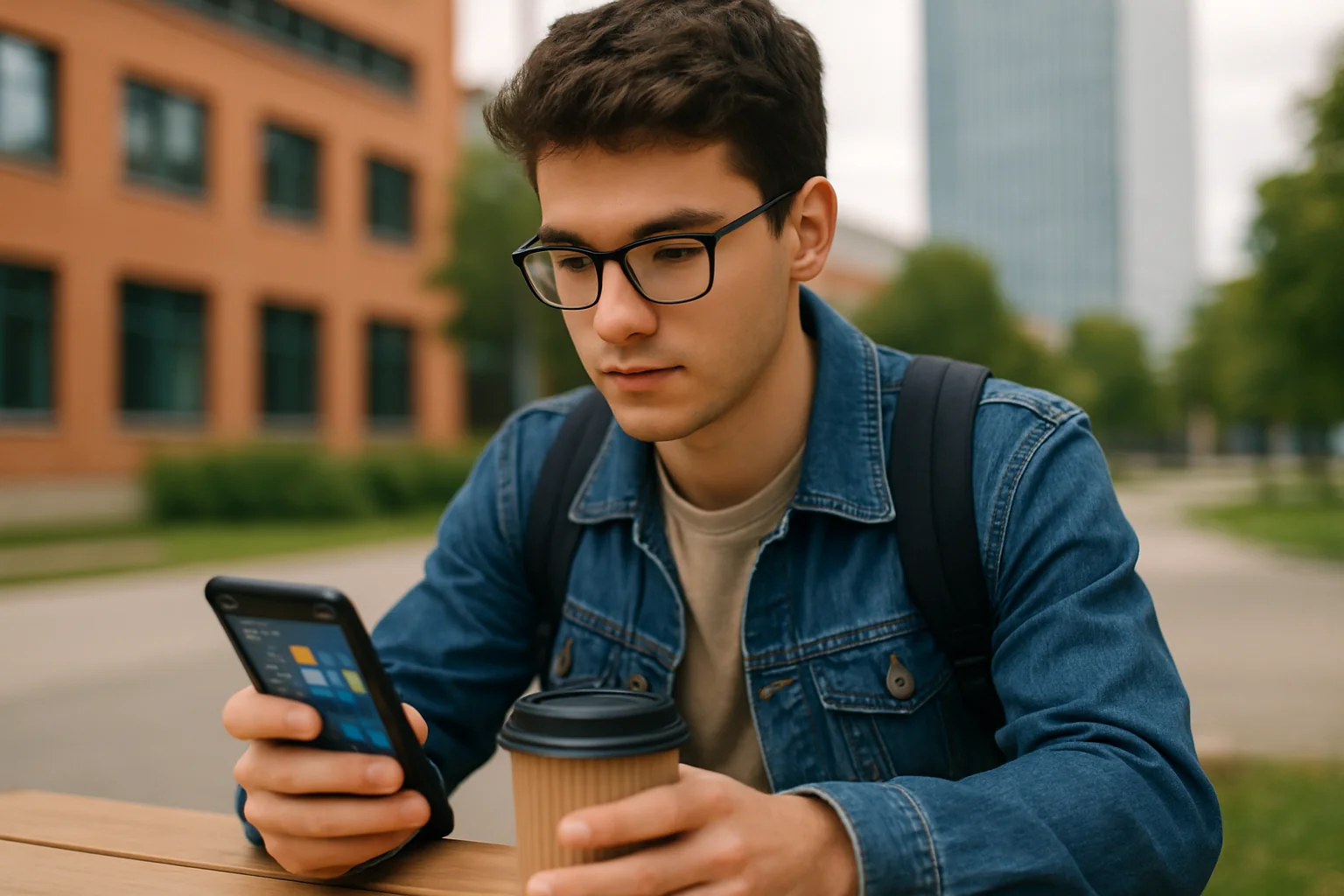 Étudiant en alternance consulte son emploi du temps entre le campus et l'entreprise sur son téléphone